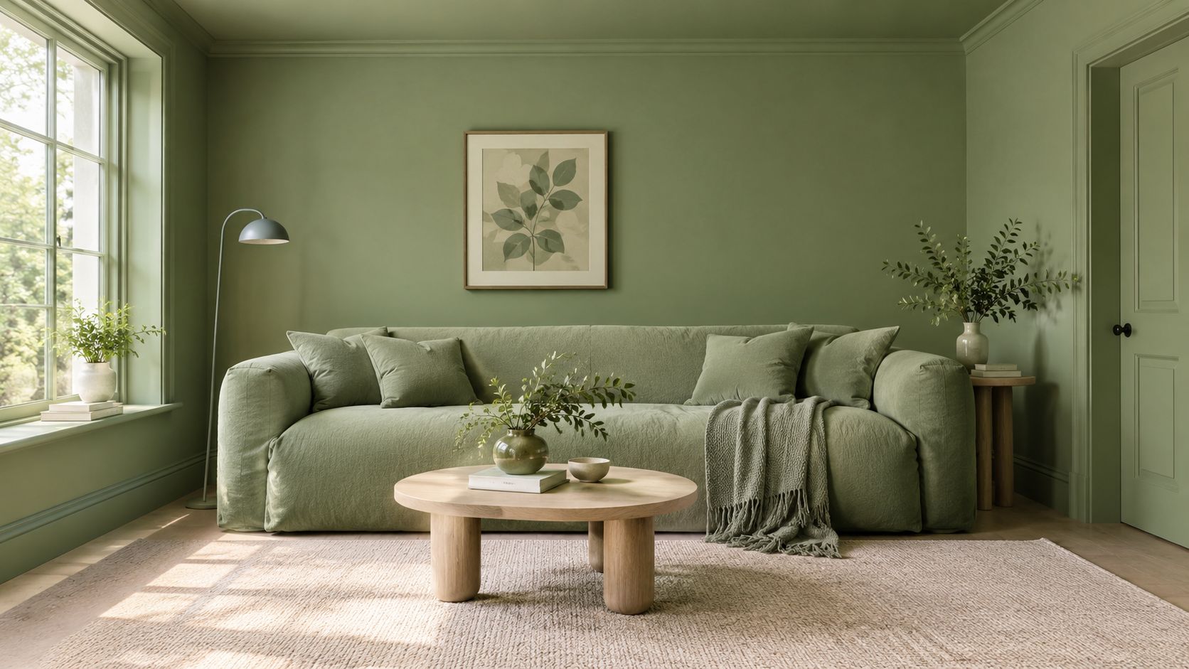 A minimalist living room featuring green walls, a matching green sofa, and natural light from a window.