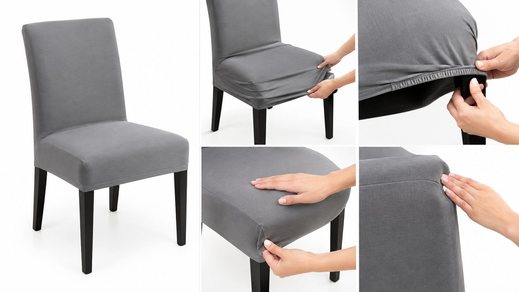 A person demonstrating the easy installation process of a grey stretch fabric cover onto a dining chair.