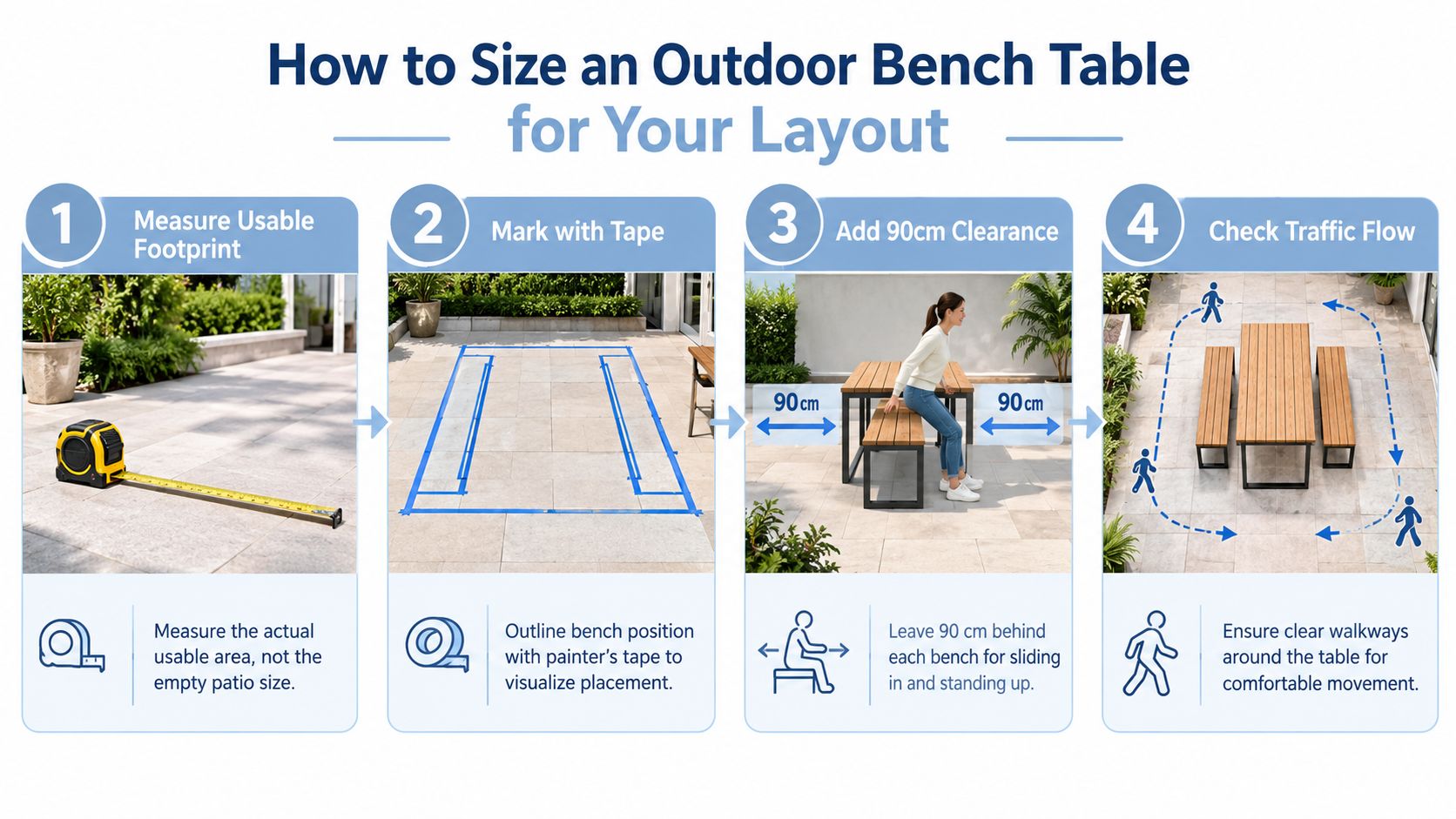 An instructional graphic showing four steps to properly size an outdoor bench table for your patio layout.