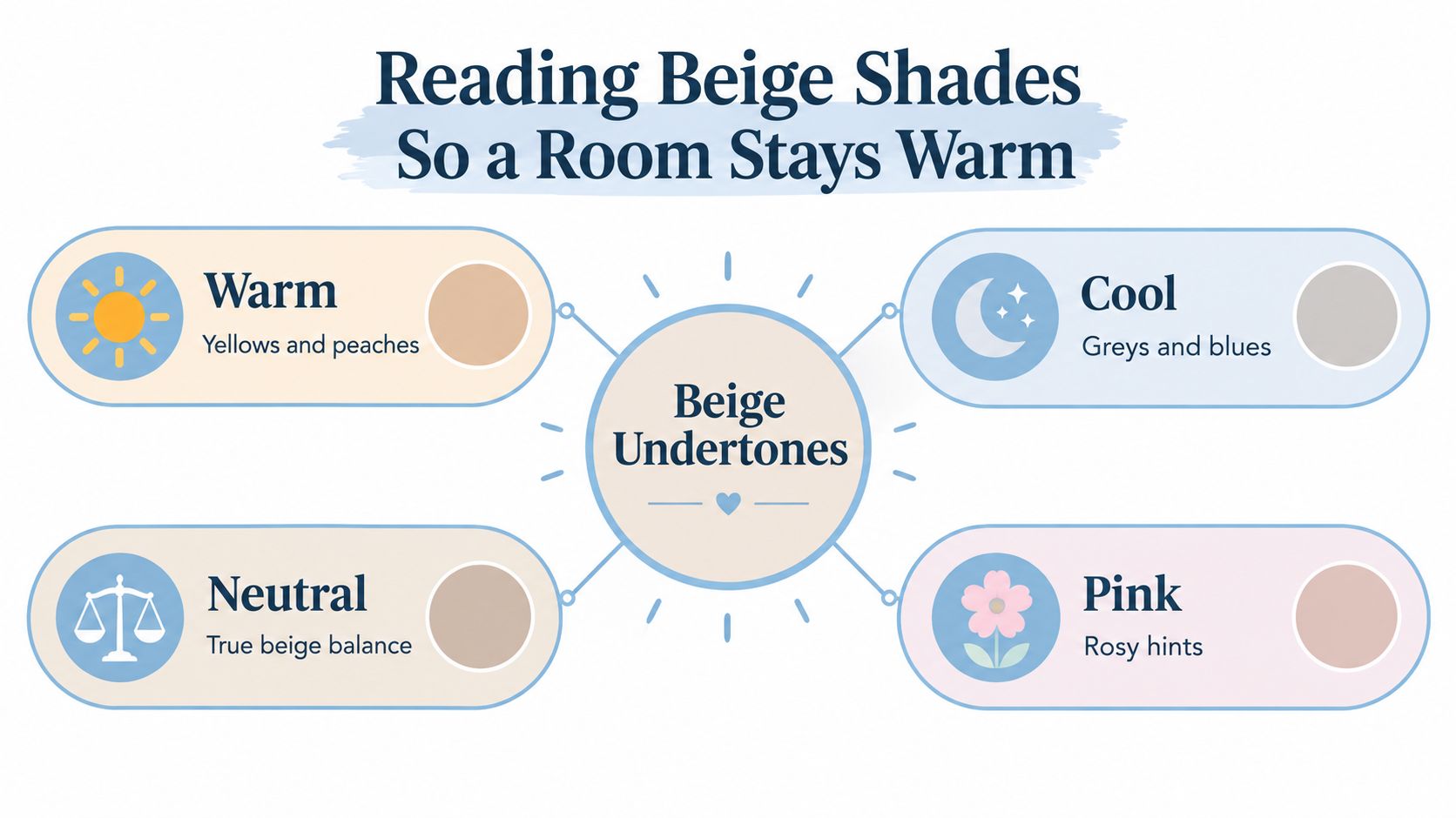An infographic titled Reading Beige Shades, showing four different categories of beige undertones: warm, cool, neutral, and pink.