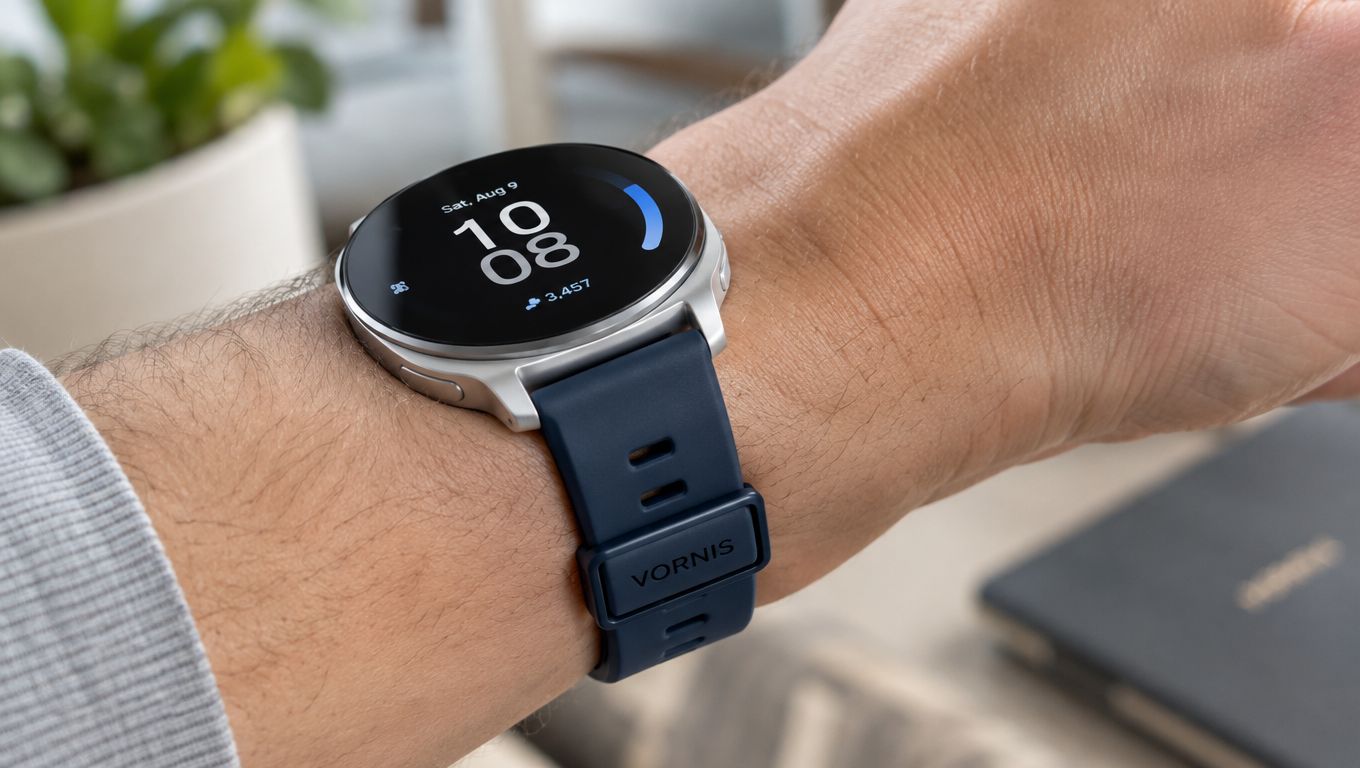 A close-up view of a wrist wearing a smart watch with a dark blue silicone strap.