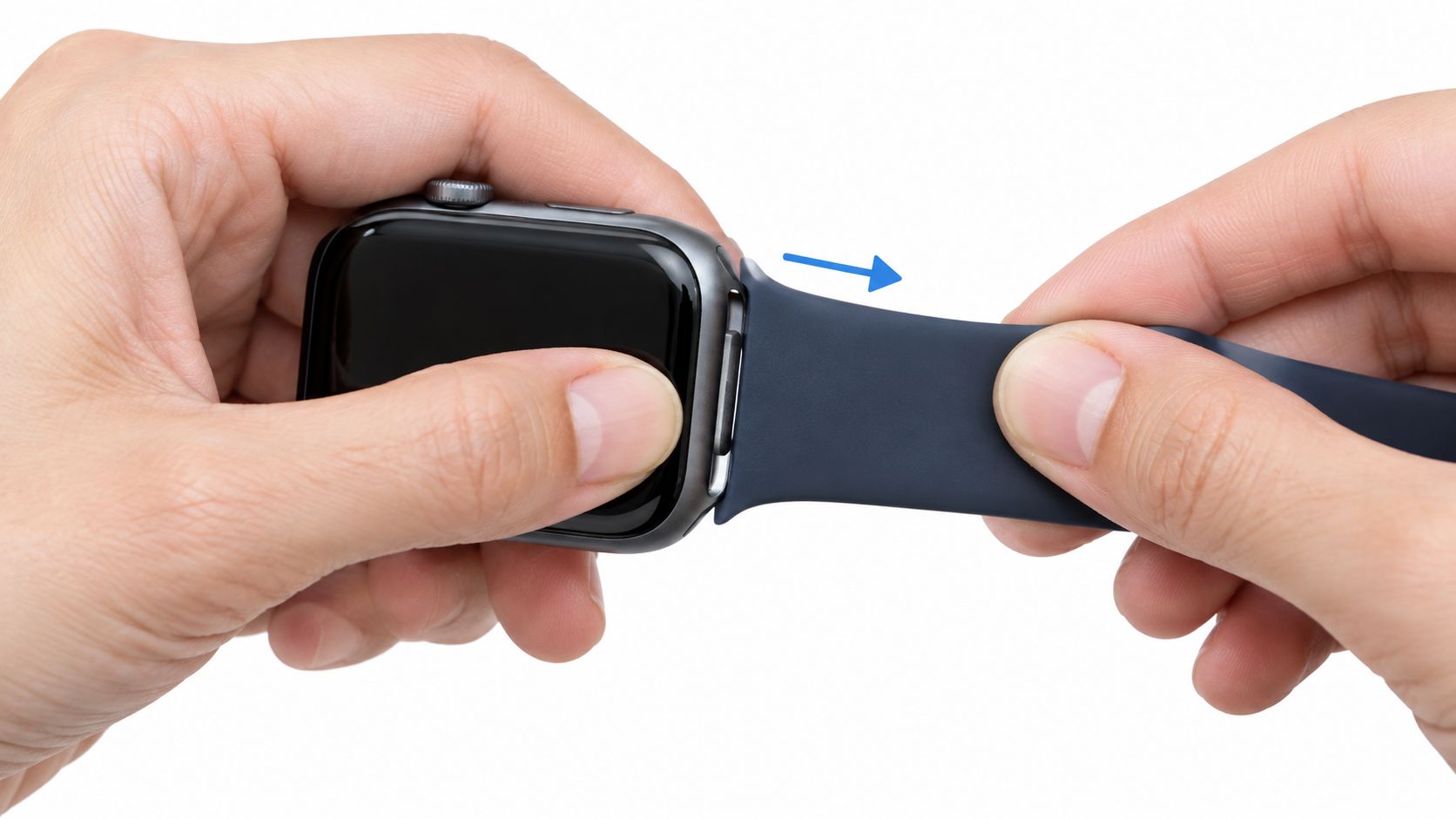 A pair of hands sliding a blue silicone Apple Watch strap out of the watch casing groove.