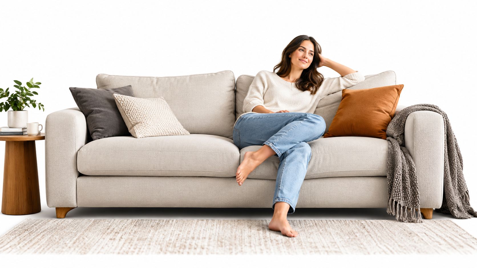 A smiling woman sitting comfortably on a light beige couch in a modern, cozy living room setting.