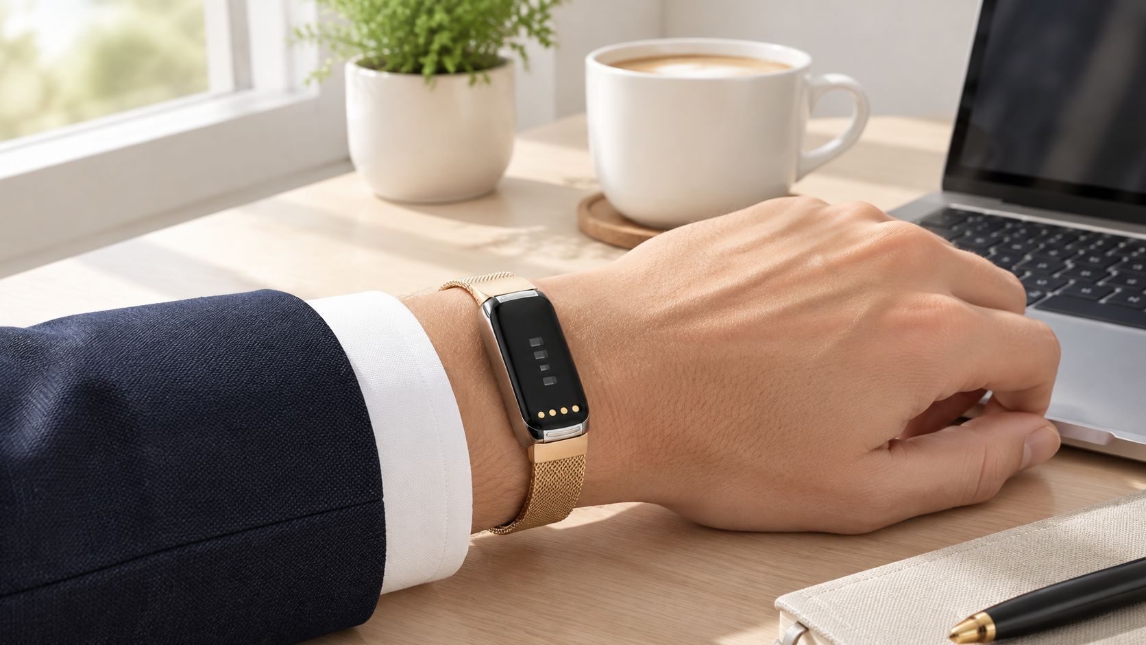 A professional wearing a sophisticated gold stainless steel mesh strap watch while working at an office desk.