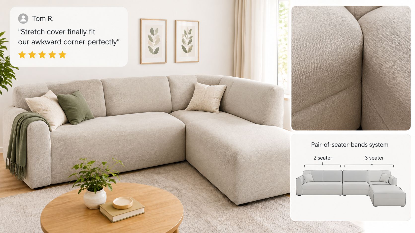A beige sectional sofa in a bright living room featuring high-quality stretch fabric corner covers for protection.