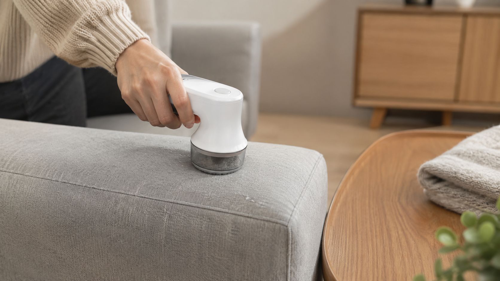 A person uses a handheld fabric shaver to remove pilling from a light gray upholstered couch.