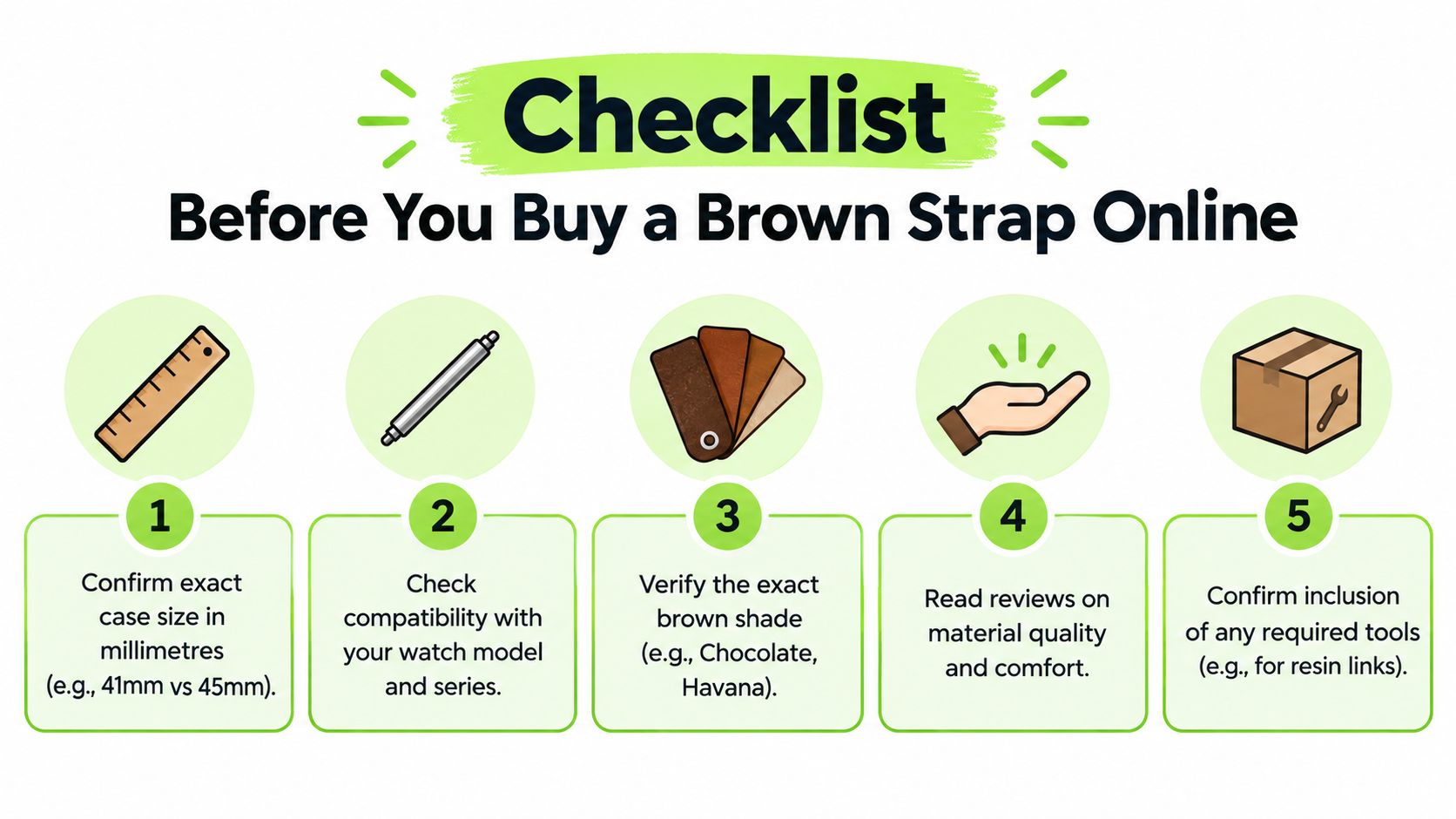 A five-step checklist for buying a brown watch strap online, including measuring size and checking compatibility.