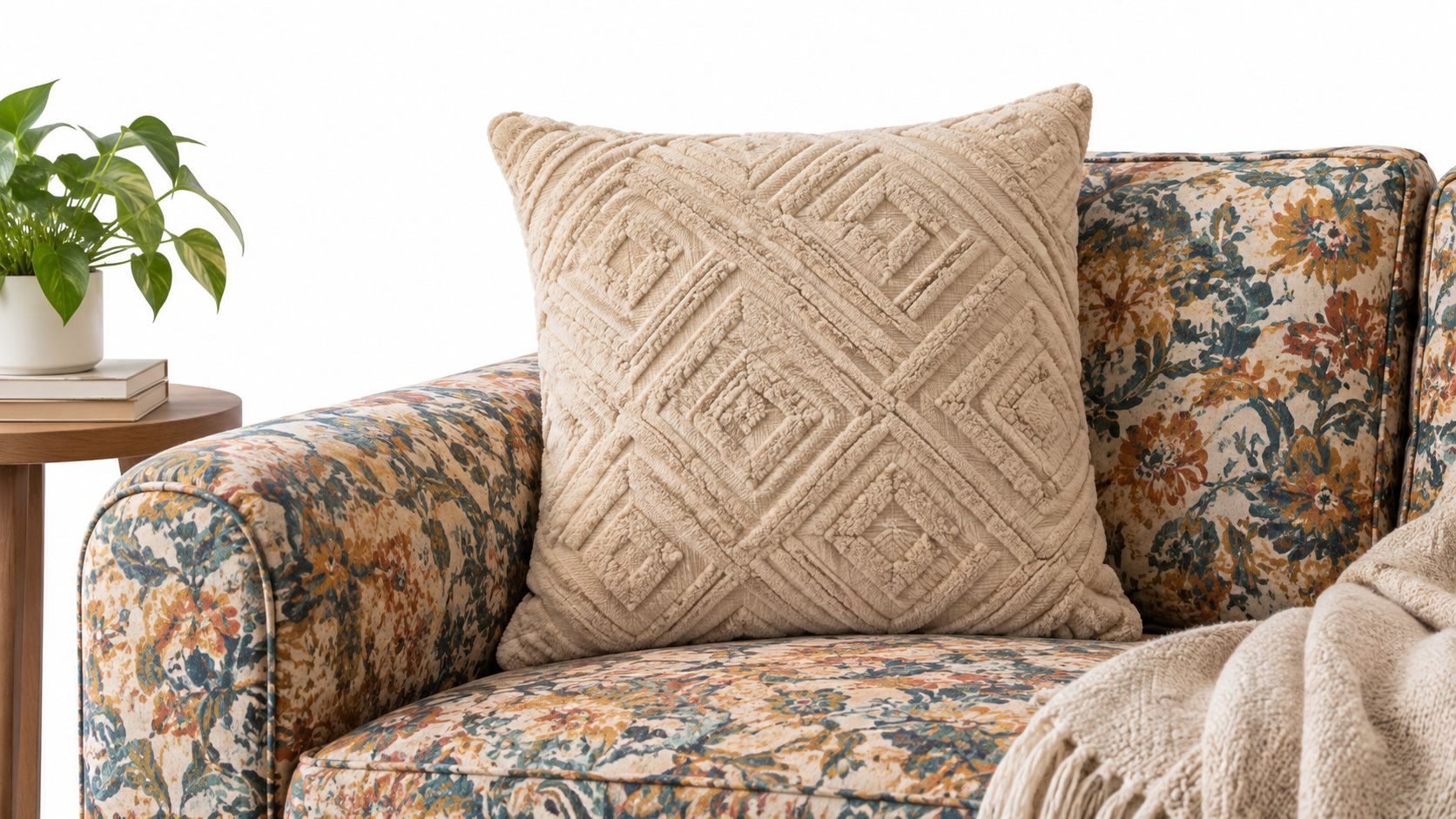 A decorative textured beige geometric throw pillow placed on a floral patterned armchair with a knitted throw.