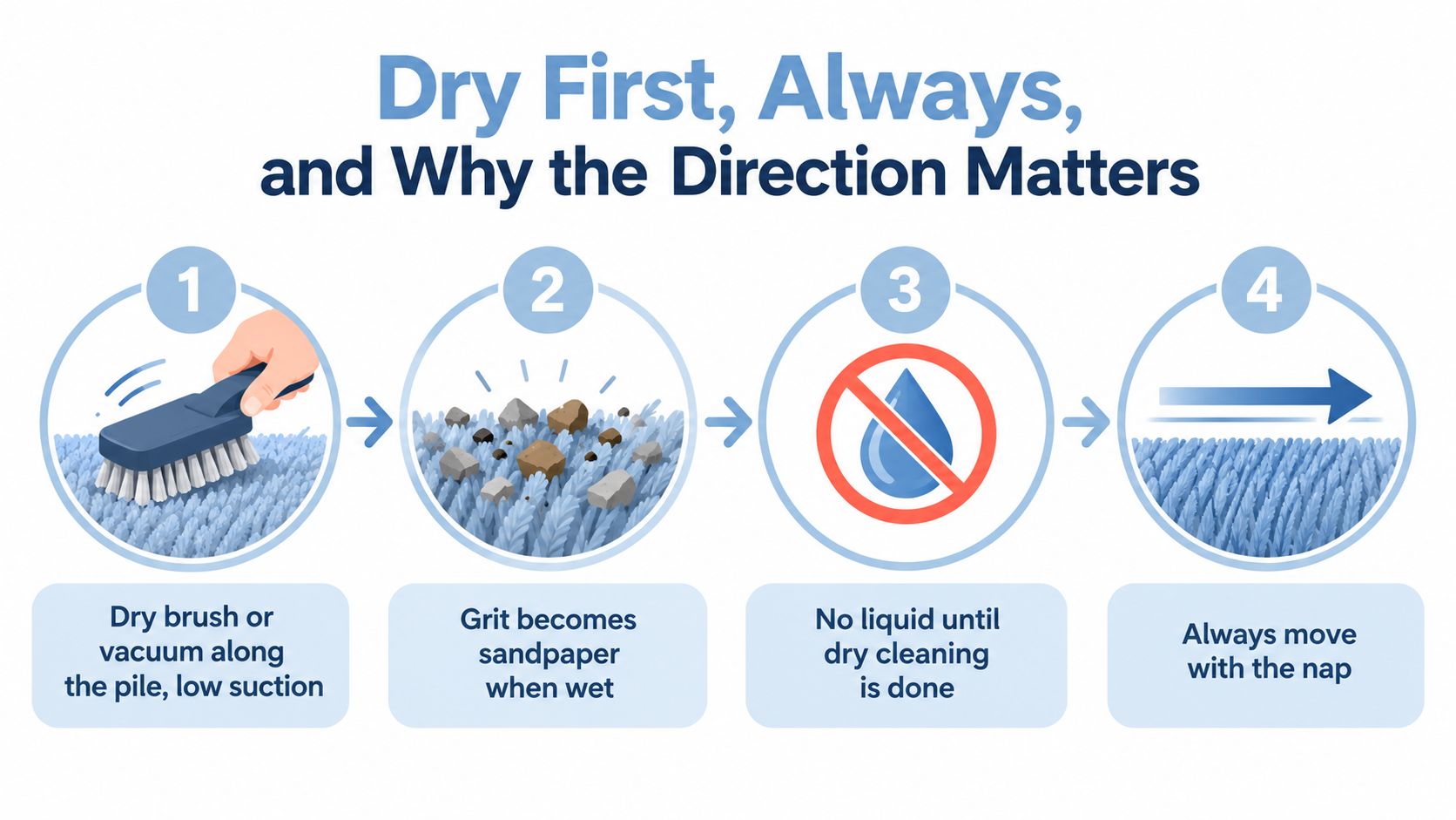 An infographic showing a four-step guide on how to dry clean and vacuum a velvet surface properly.