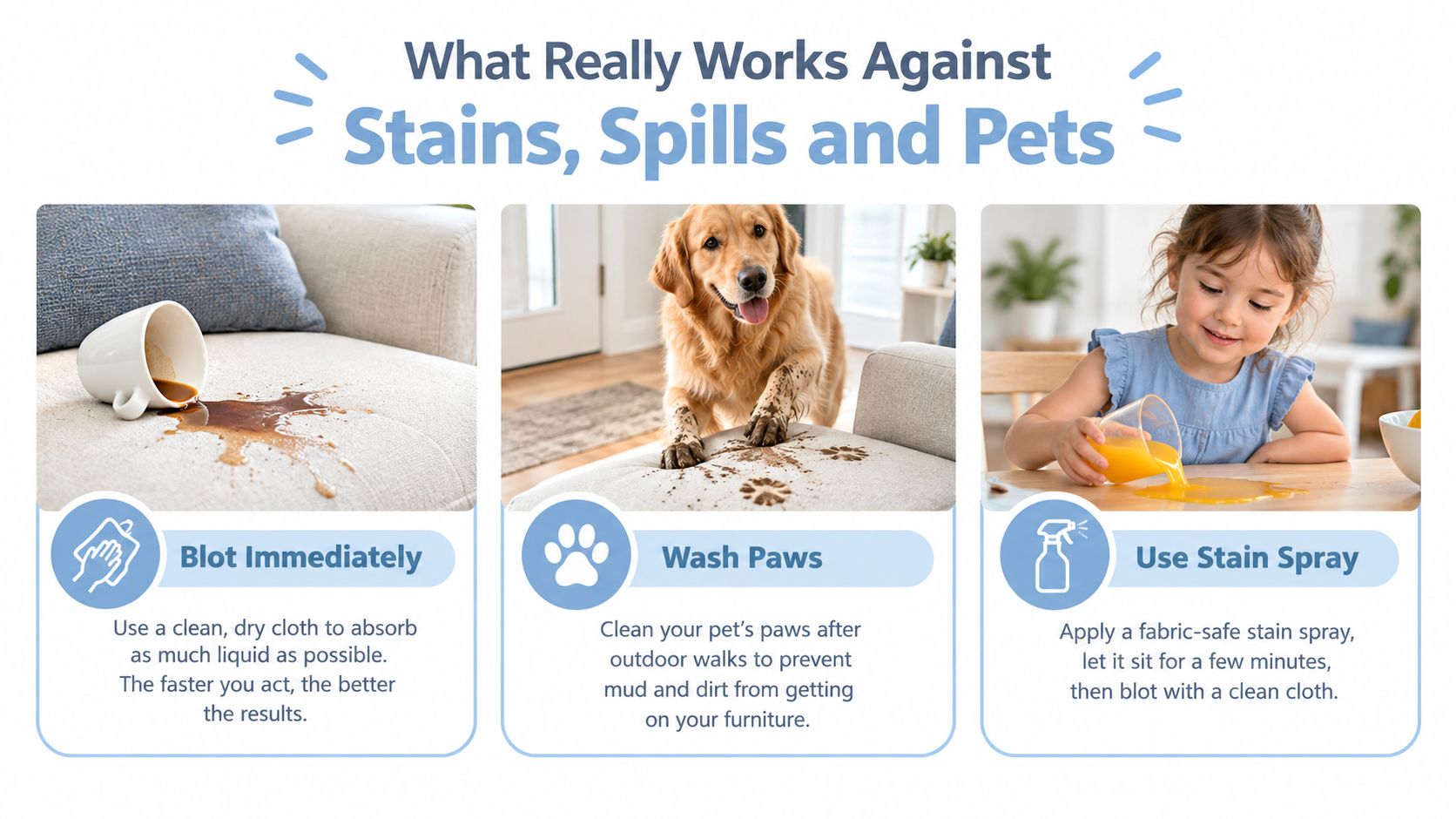 A three-part infographic showing tips for cleaning spills and pet stains from home furniture and surfaces.