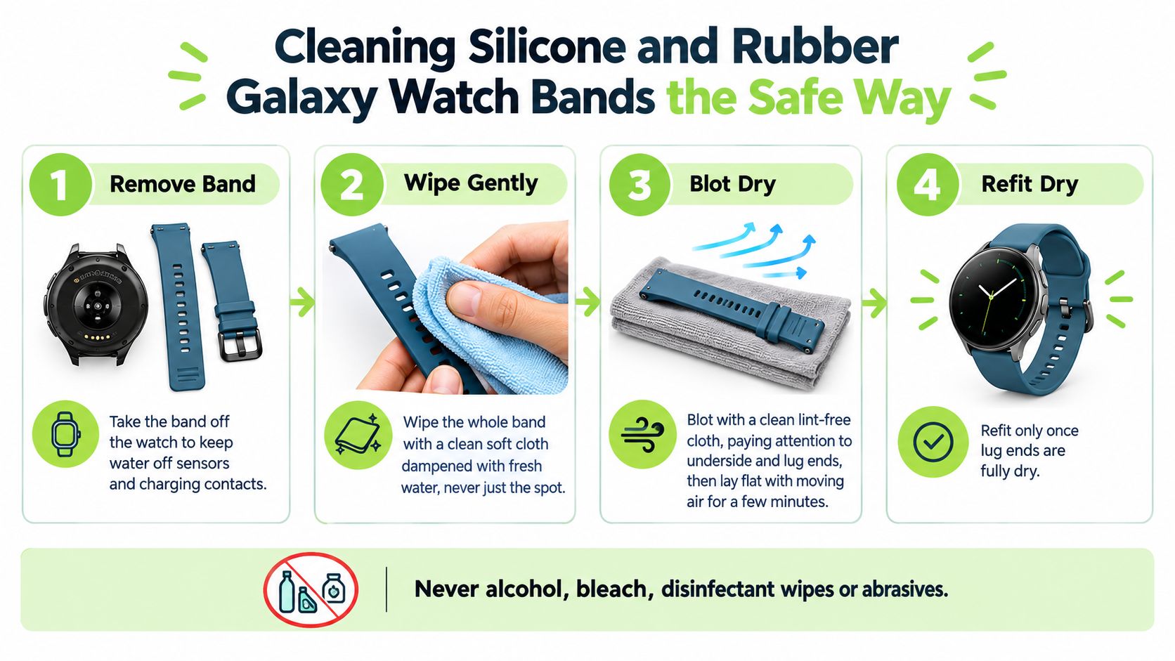 A step-by-step instructional infographic showing how to safely clean silicone and rubber Galaxy watch bands.