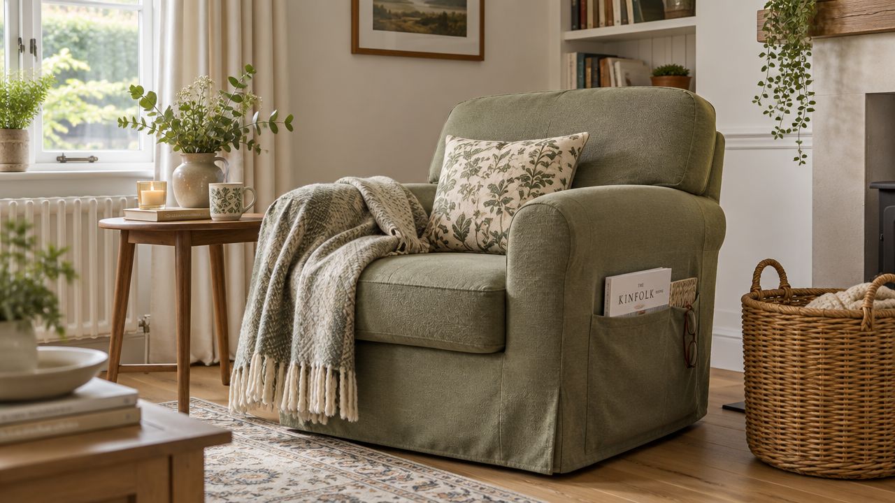 A cozy olive green armchair featuring a side pocket, a patterned throw, and a decorative pillow.