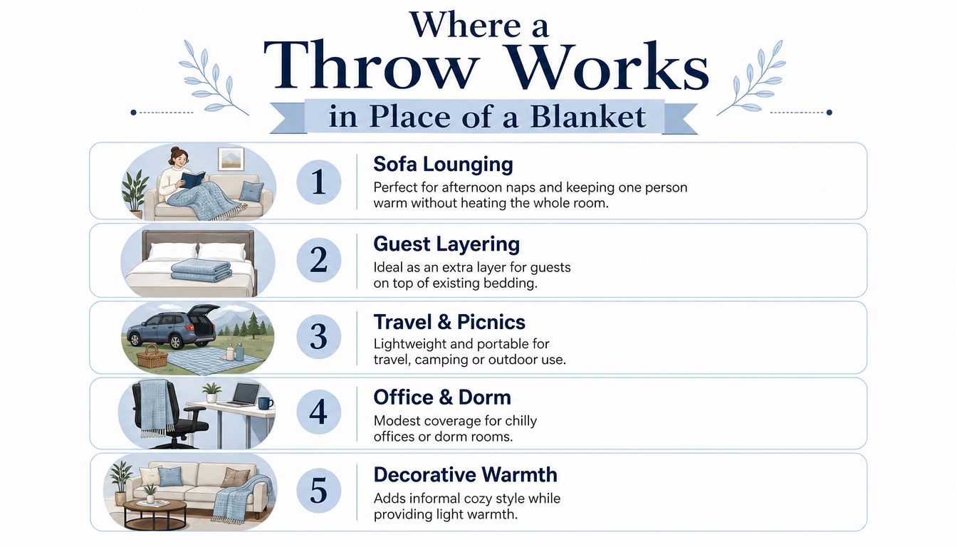An infographic showing five practical ways to use a throw blanket at home, for travel, or in offices.