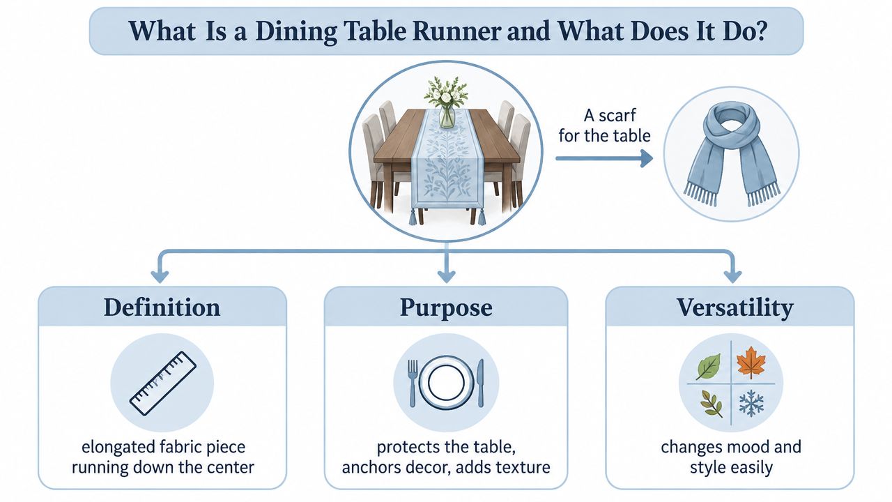 A diagram explaining that a dining table runner is an elongated fabric piece used for table decoration.