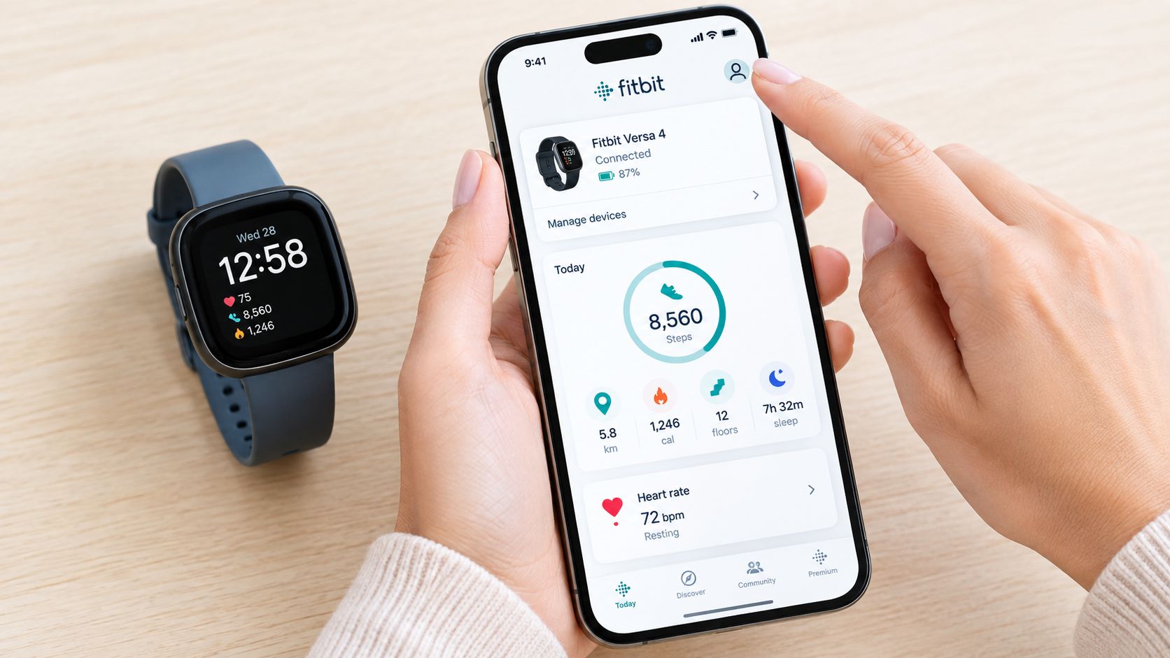A person holding a smartphone displaying the Fitbit app next to a matching blue Fitbit smartwatch.