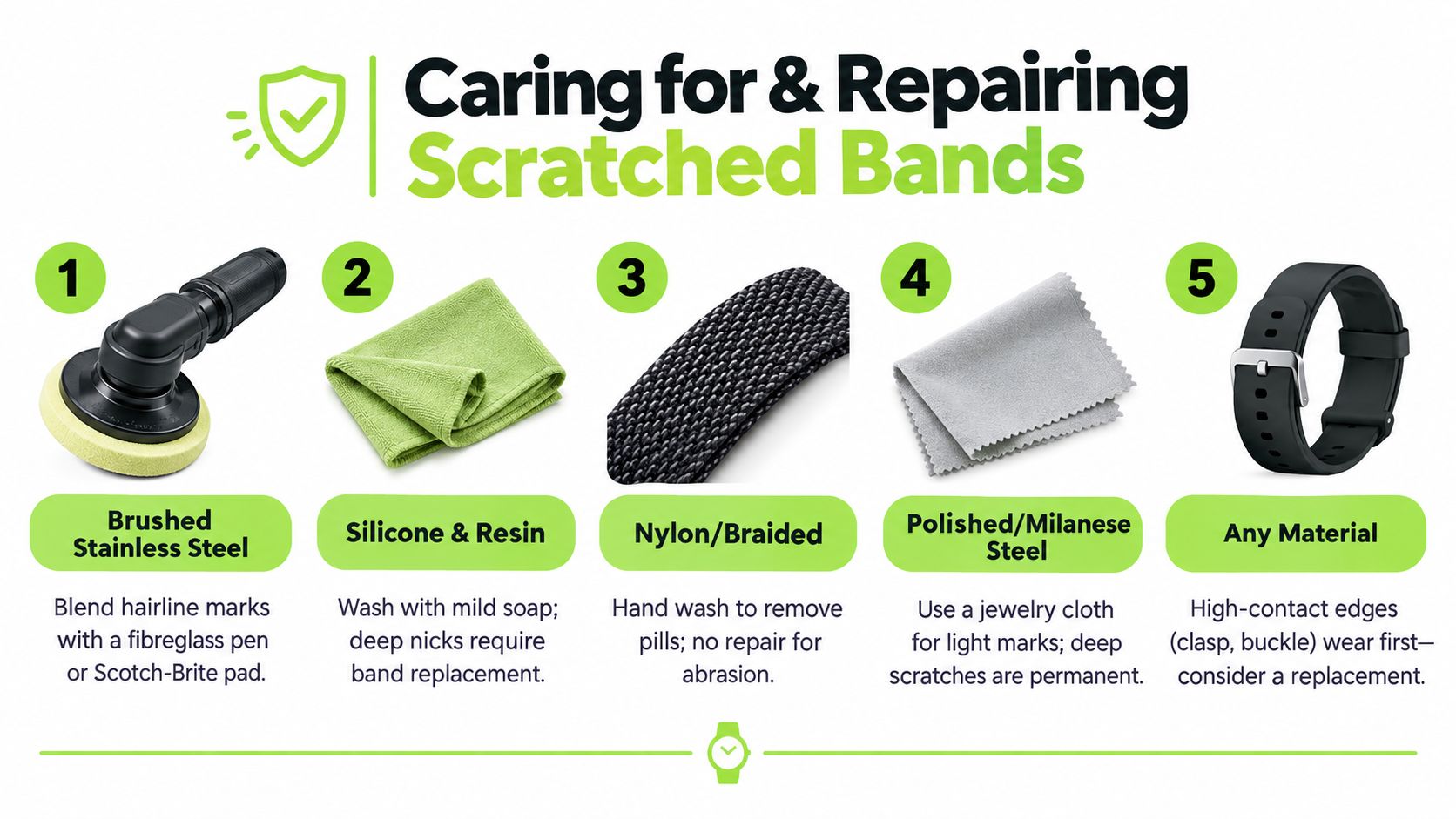 An infographic showing step-by-step guides for caring for and repairing different types of watch straps.