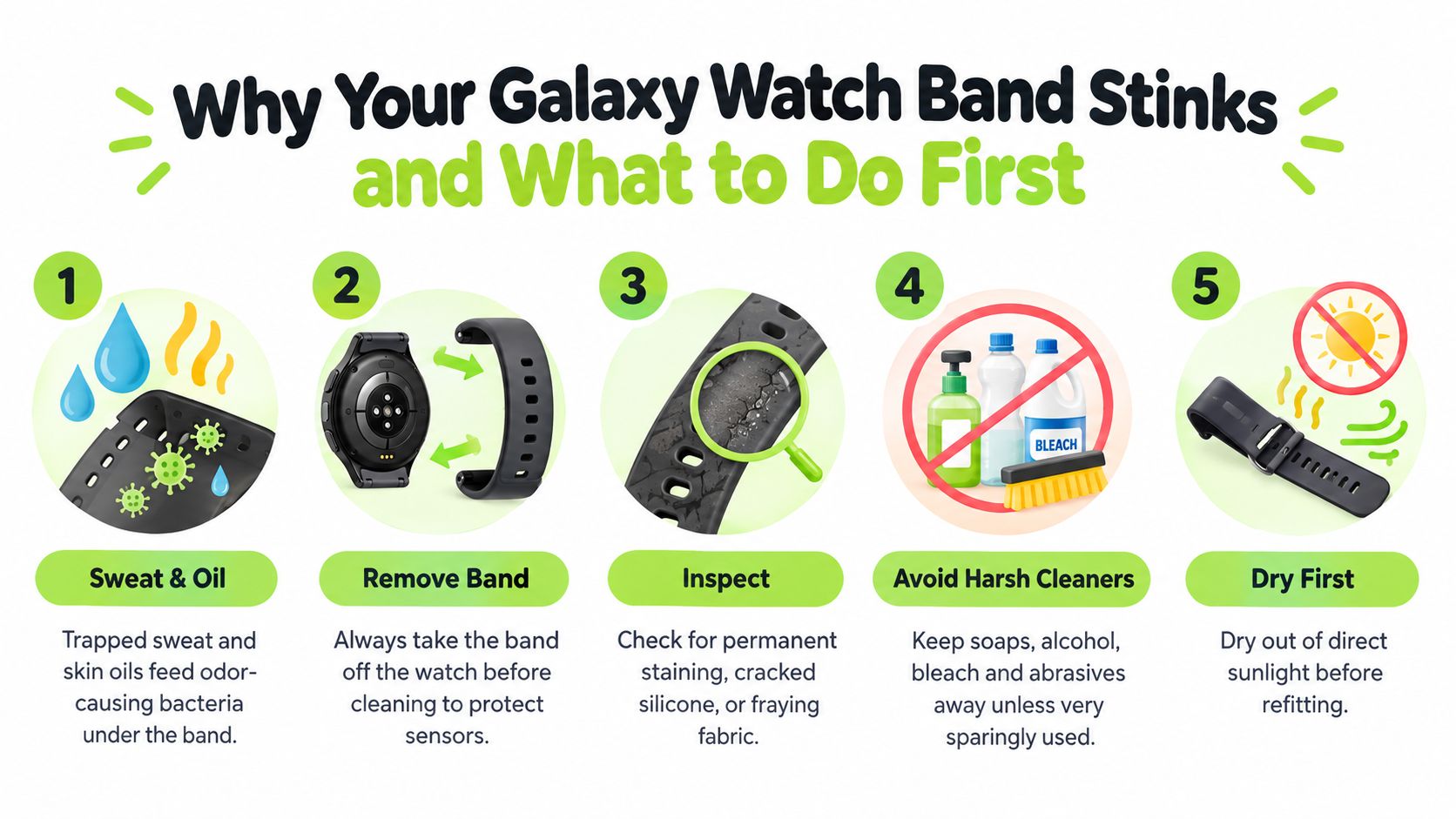 An infographic illustrating five steps for identifying causes of odors and cleaning a Galaxy watch band properly.