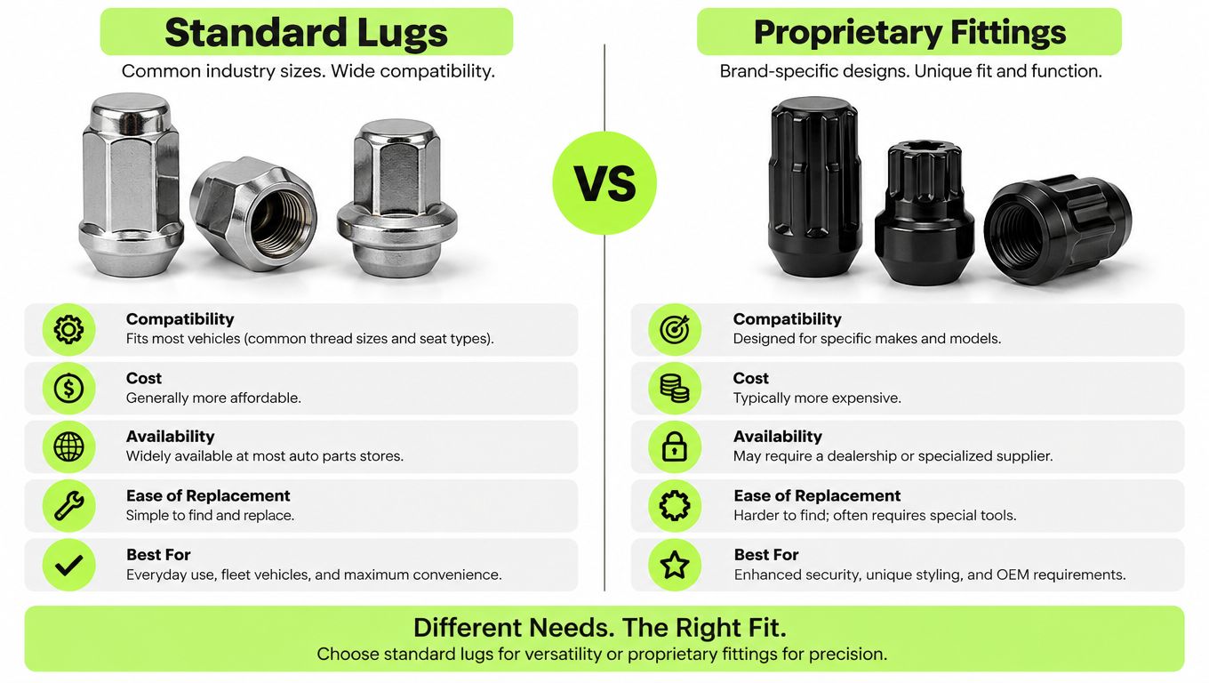 A comparison chart showing the differences between silver standard lug nuts and black proprietary fitting lug nuts.