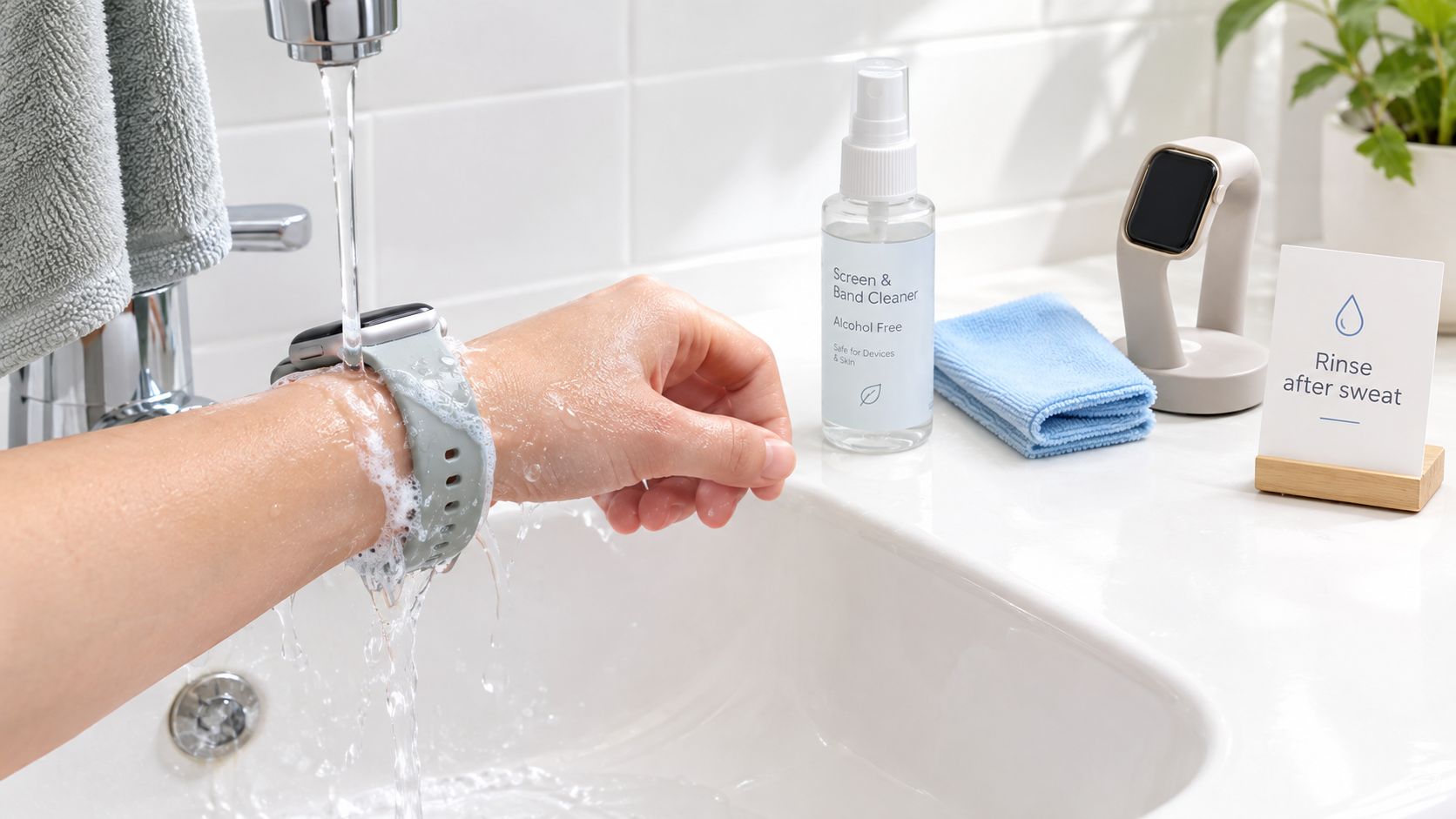 A person washing a nickel free silicone smartwatch band under a running bathroom faucet for cleaning.