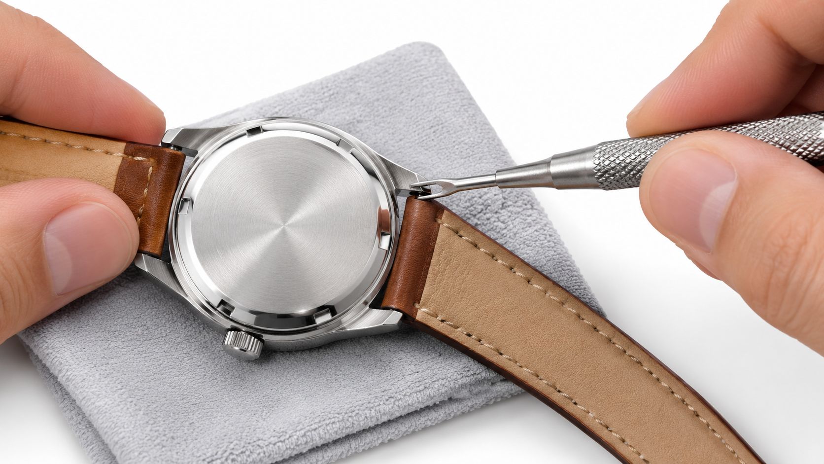 A watchmaker uses a metal spring bar tool to remove a leather watch strap from the watch case.