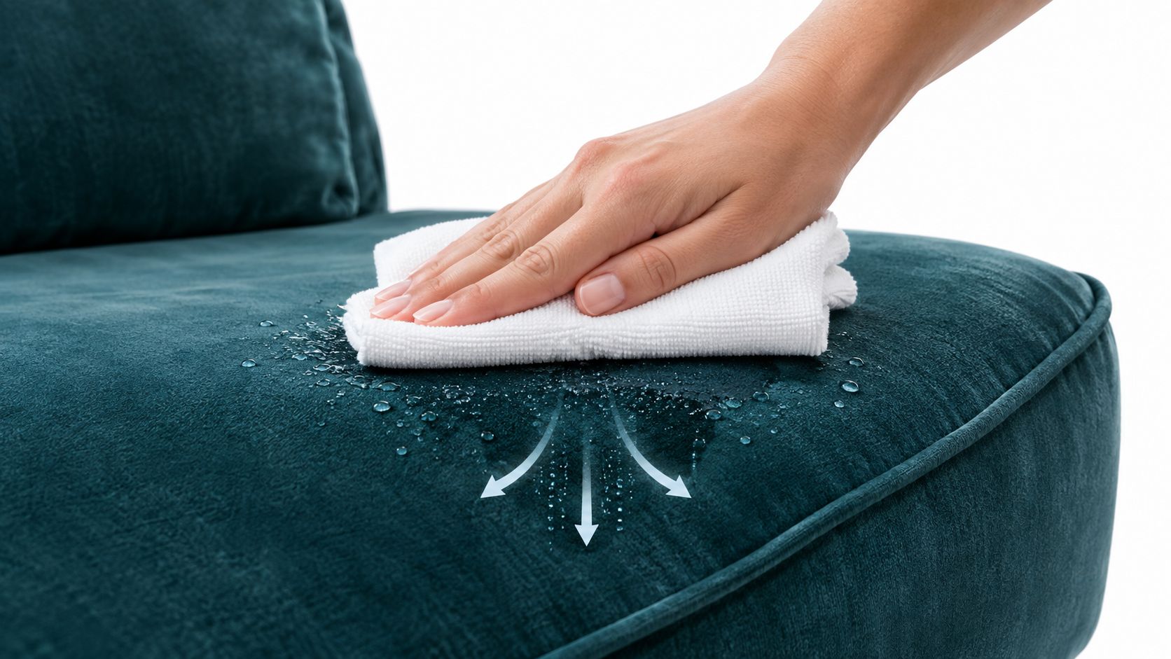 A hand wiping a dark green velvet sofa with a white cloth, blotting a spill straight down.