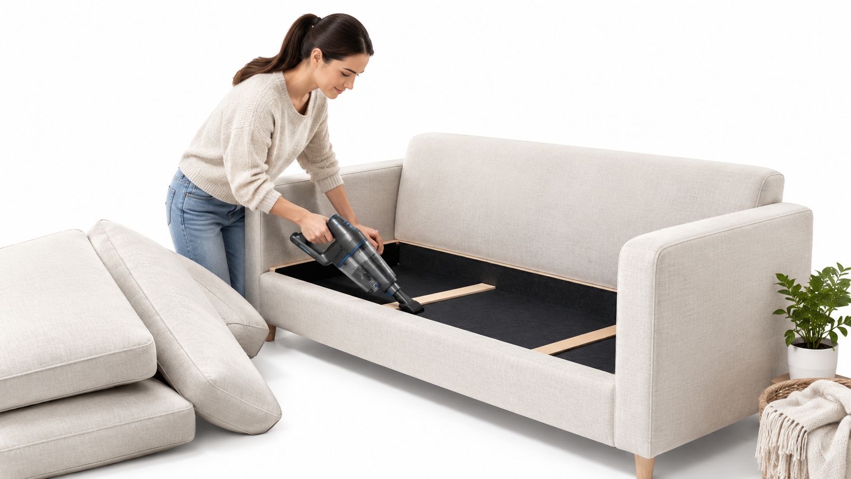 A woman cleaning a sofa frame with a handheld cordless vacuum to help protect investment in furniture.