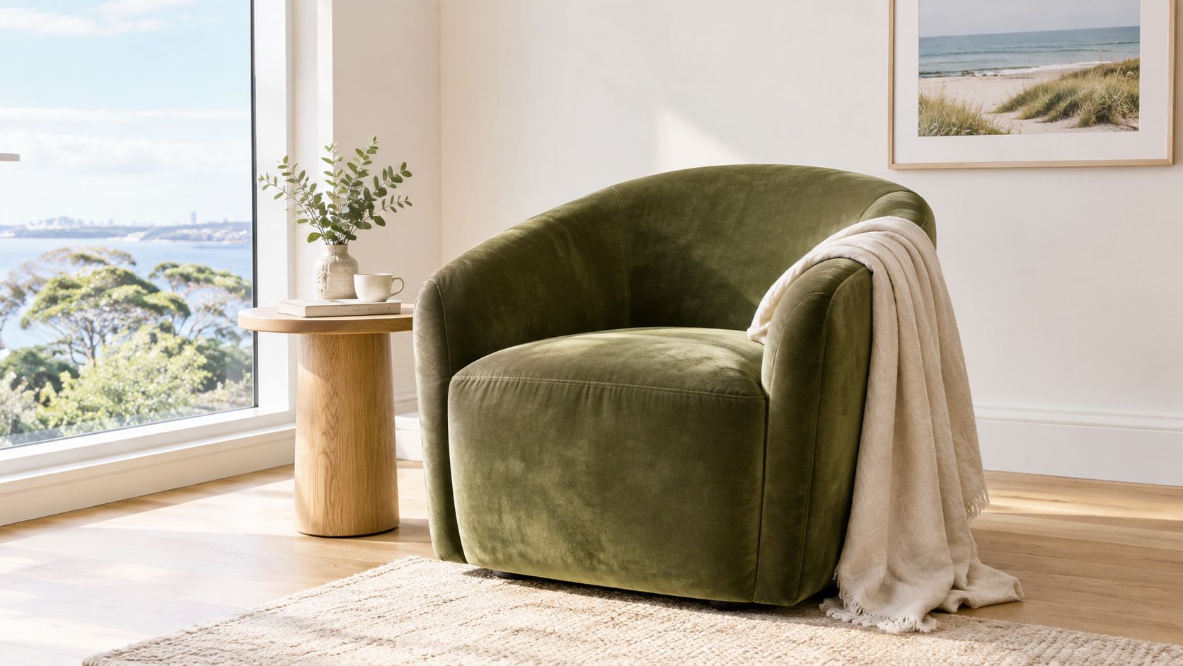 A luxurious olive green velvet armchair with a soft beige throw blanket sitting on a textured rug.