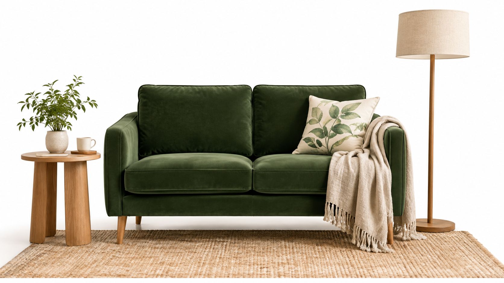 A cozy green velvet sofa paired with a wooden side table and floor lamp on a rug.