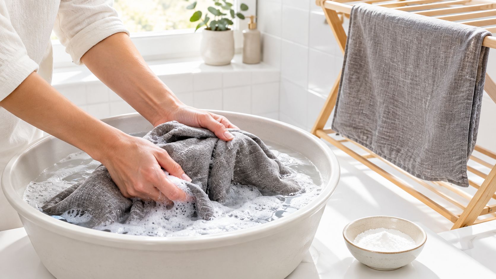 A person hand washing a grey linen cushion cover in a soapy white basin with laundry detergent.