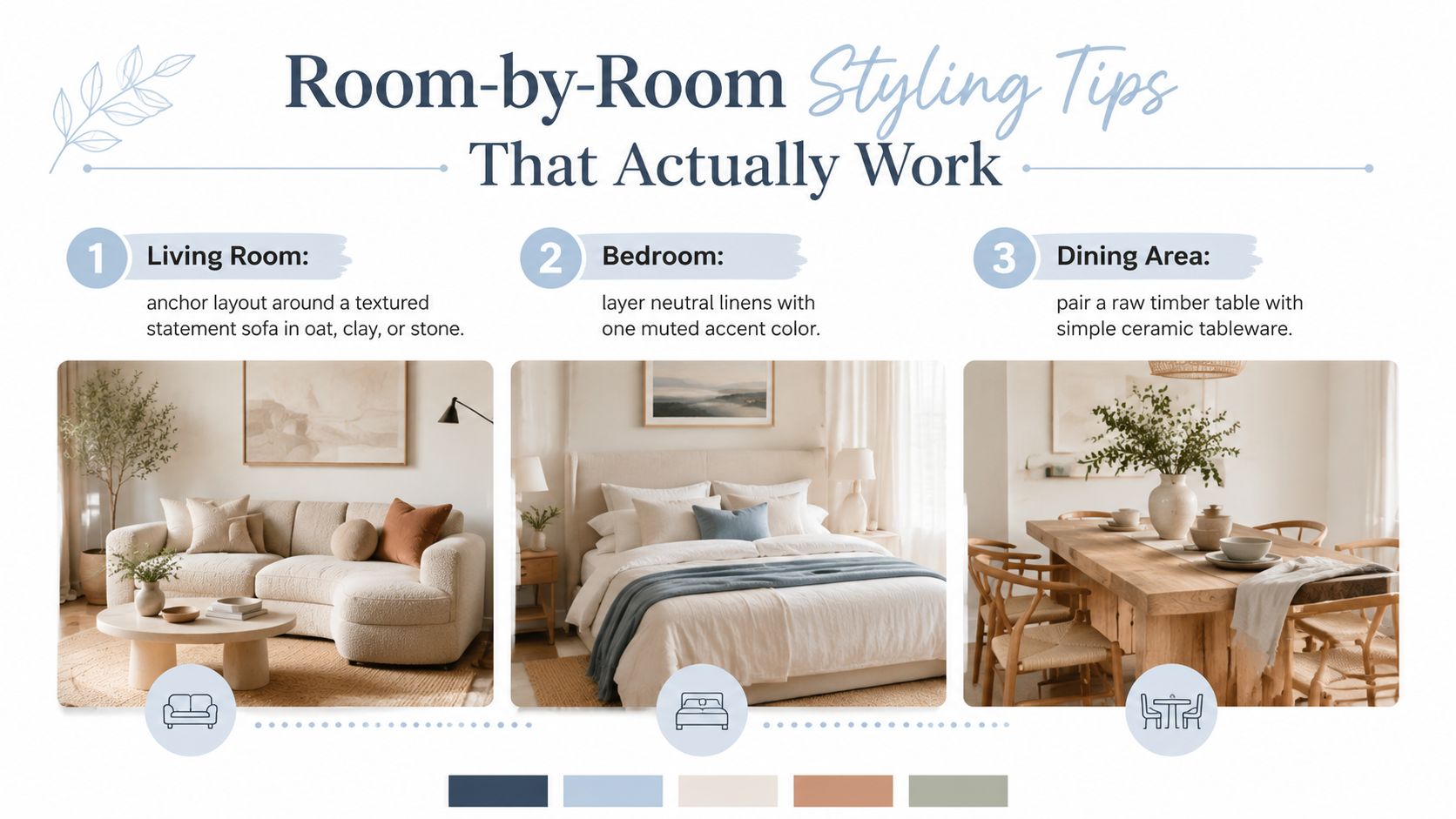 An infographic displaying three interior styling tips for living rooms, bedrooms, and dining areas with neutral decor.