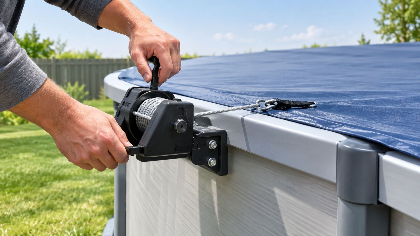 A person using a mechanical winch to tighten a cover on an above ground swimming pool.
