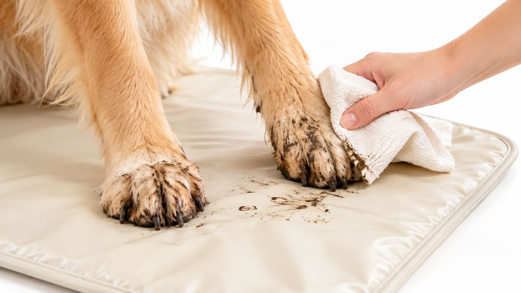 A person wiping the muddy paws of a golden retriever dog with a white cloth on a mat.