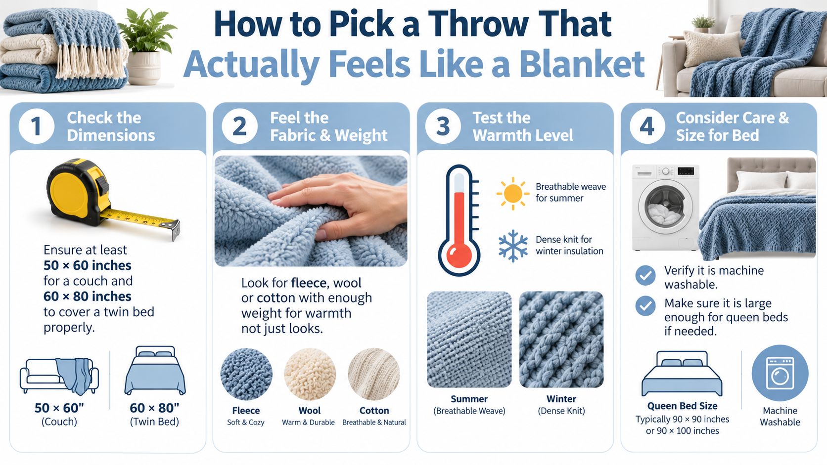 An infographic titled How to Pick a Throw That Actually Feels Like a Blanket featuring four helpful tips.