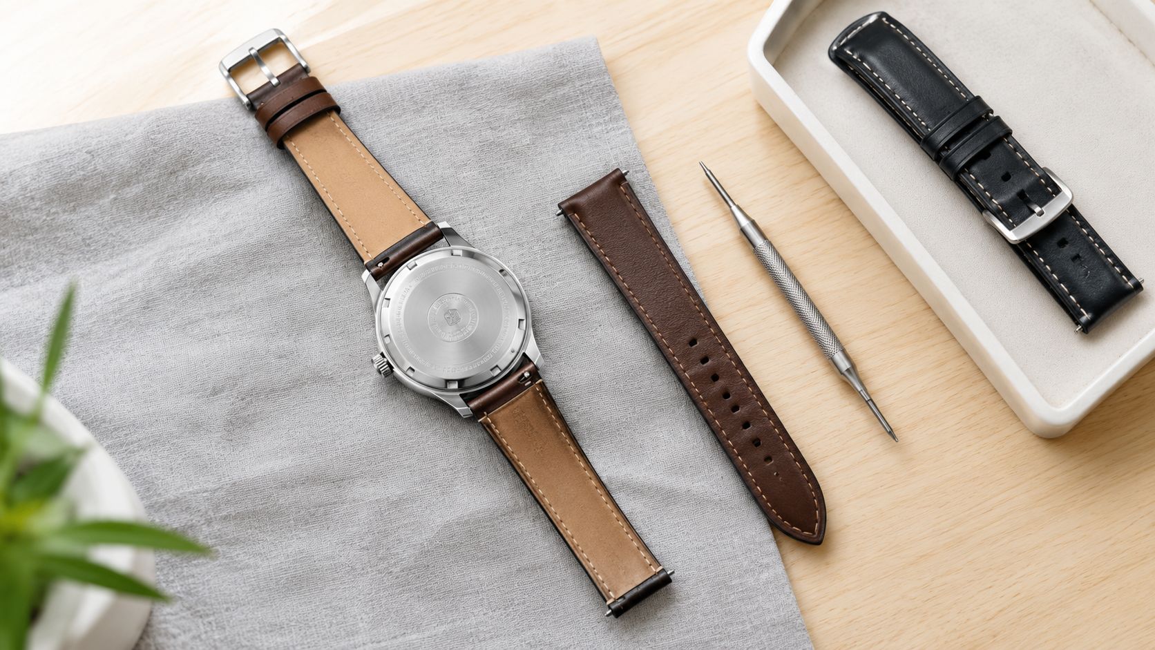 A wristwatch being serviced with a spare brown strap and a tool on a wooden surface.