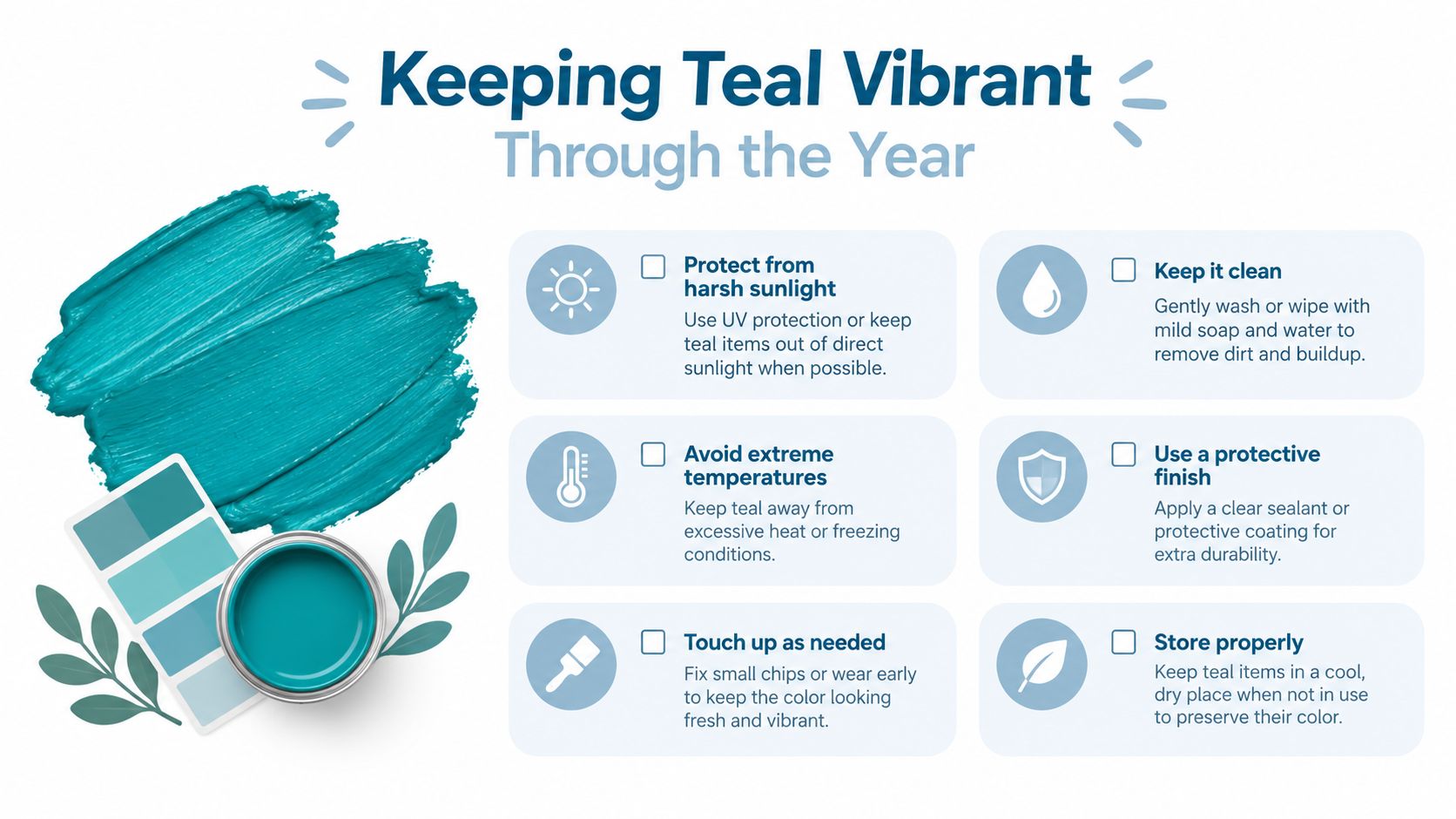 An infographic titled Keeping Teal Vibrant Through the Year featuring six tips for maintaining teal colored items.