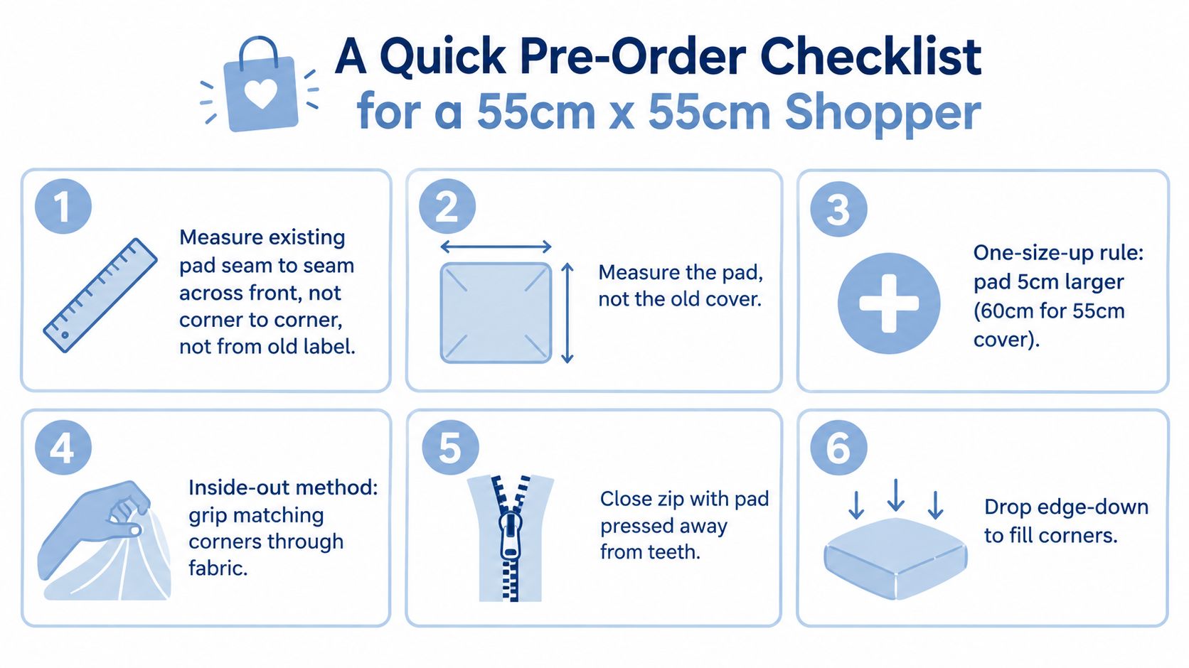 A six-step instructional guide on how to correctly measure and insert a 55cm cushion pad.