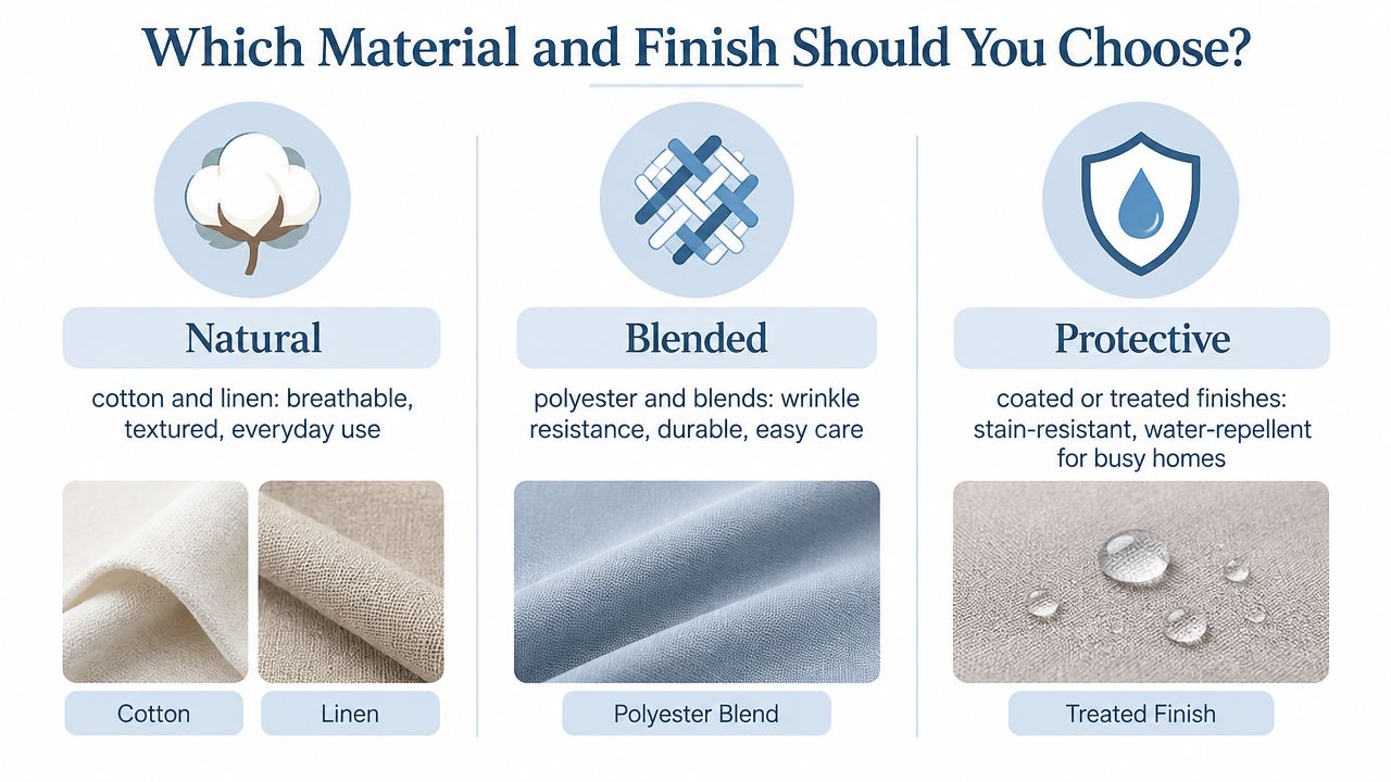An infographic comparing three types of dining table runner materials: Natural, Blended, and Protective fabrics.