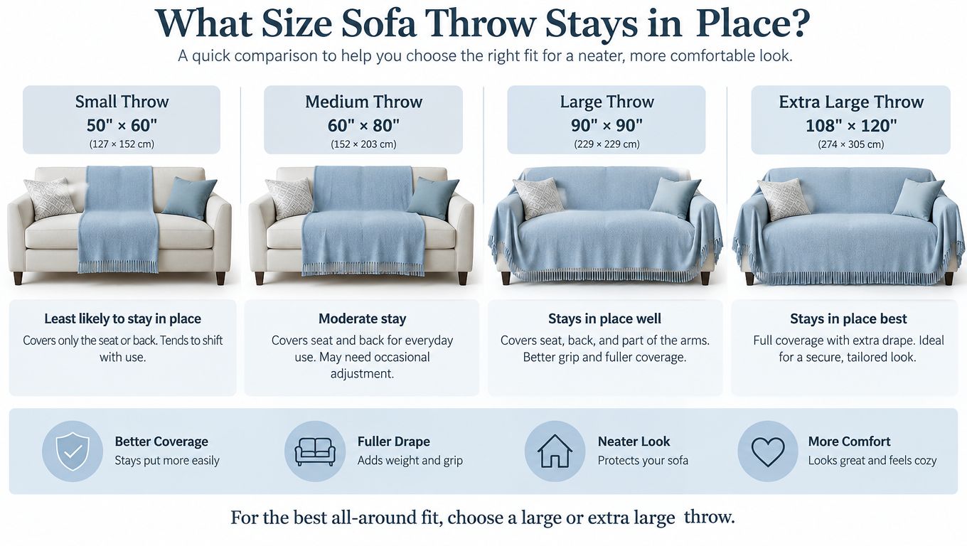 A comparison chart showing how different sofa throw sizes affect coverage and stability on a couch.