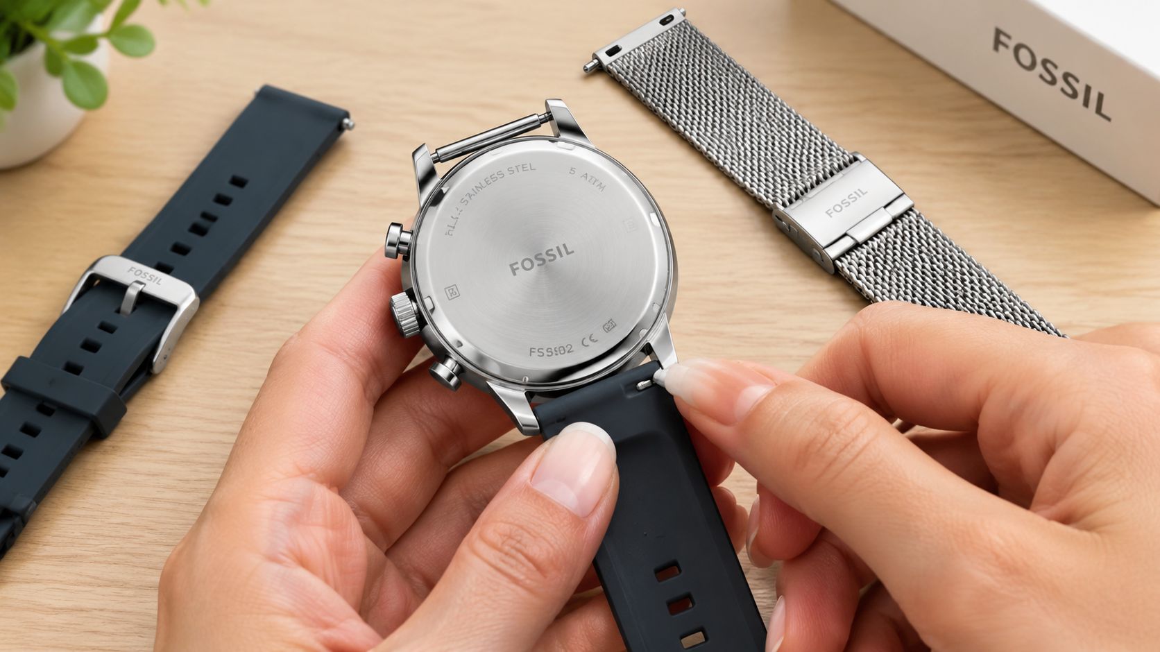 A pair of hands changing the silicone watch strap on a Fossil wristwatch with a metal strap.