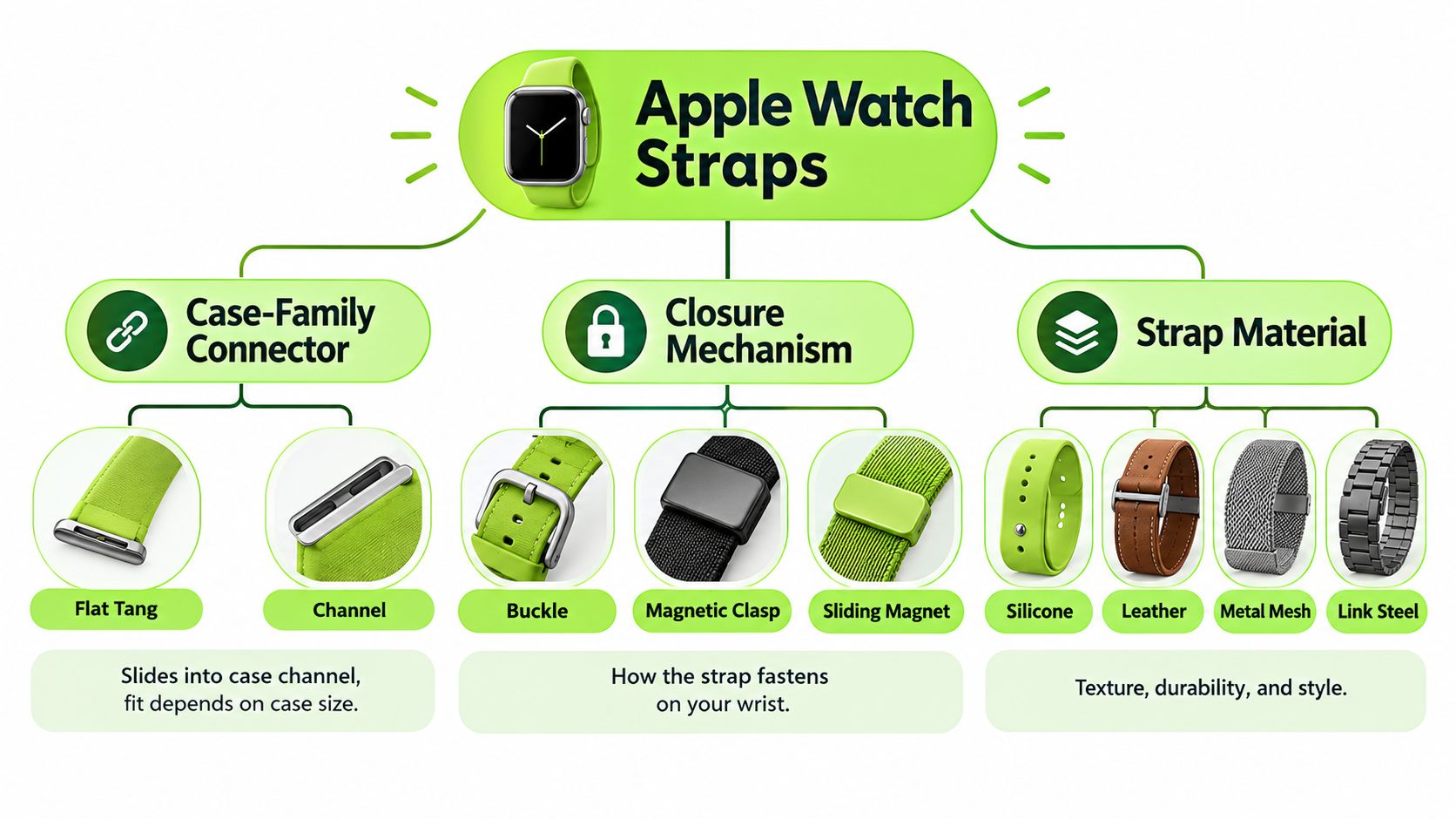 A diagram illustrating the different types, closure mechanisms, and materials of Apple Watch straps.