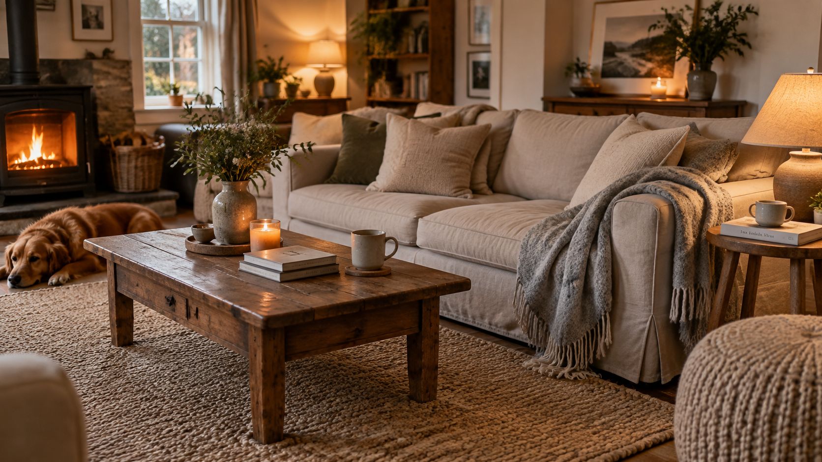 A cozy, warm living room with a fireplace, a beige sofa, and a rustic wooden coffee table.