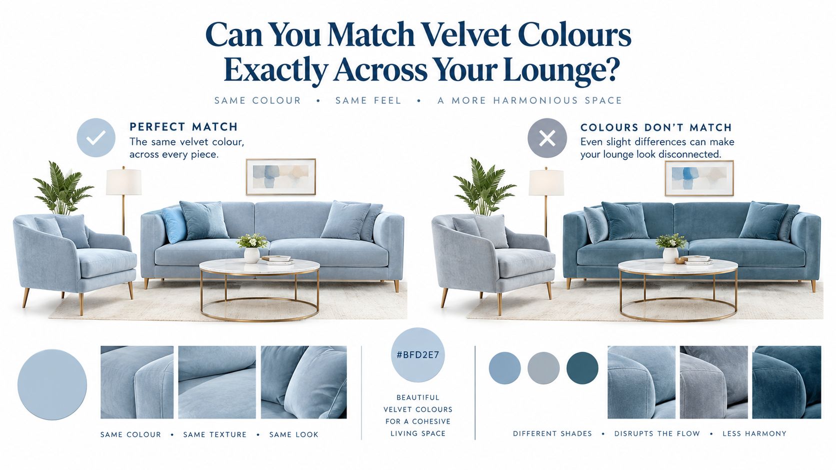 A comparison image showing the importance of matching velvet sofa colours to create a harmonious lounge space.