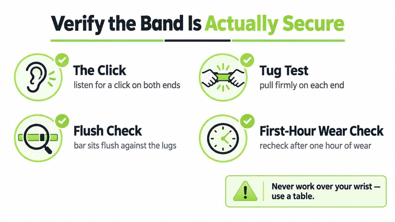 An infographic showing four steps to verify that a watch band is securely attached to the watch.