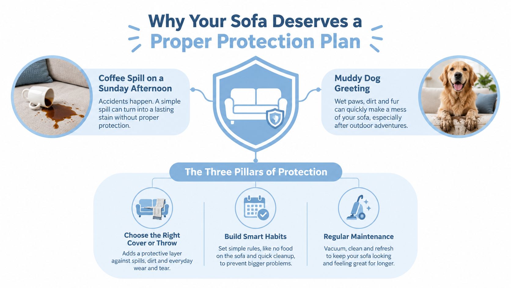 An infographic showing the importance of sofa protection plans with tips like covers, habits, and maintenance.