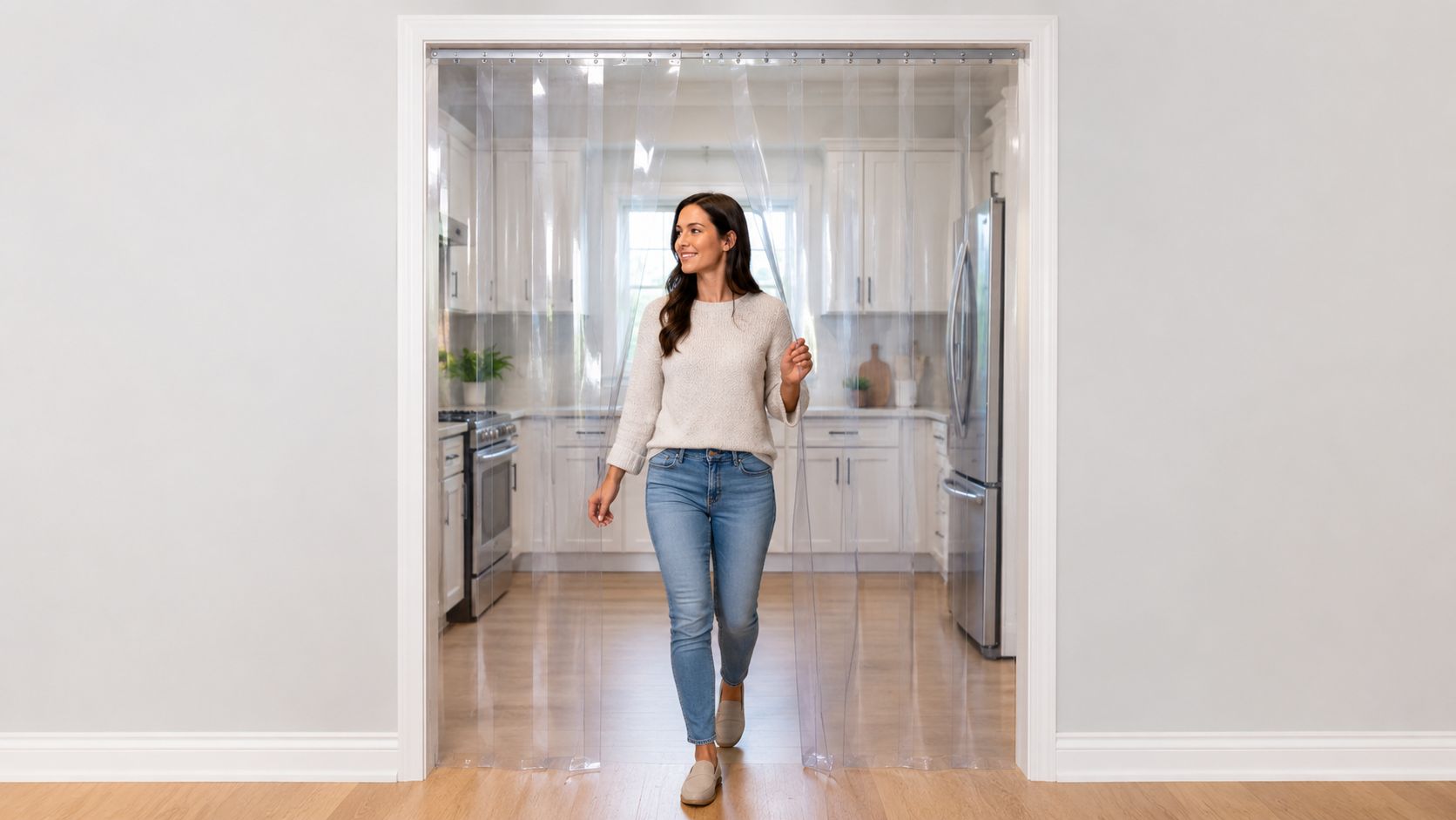 A woman walks through a clear plastic strip curtain installed in a doorway between two rooms.