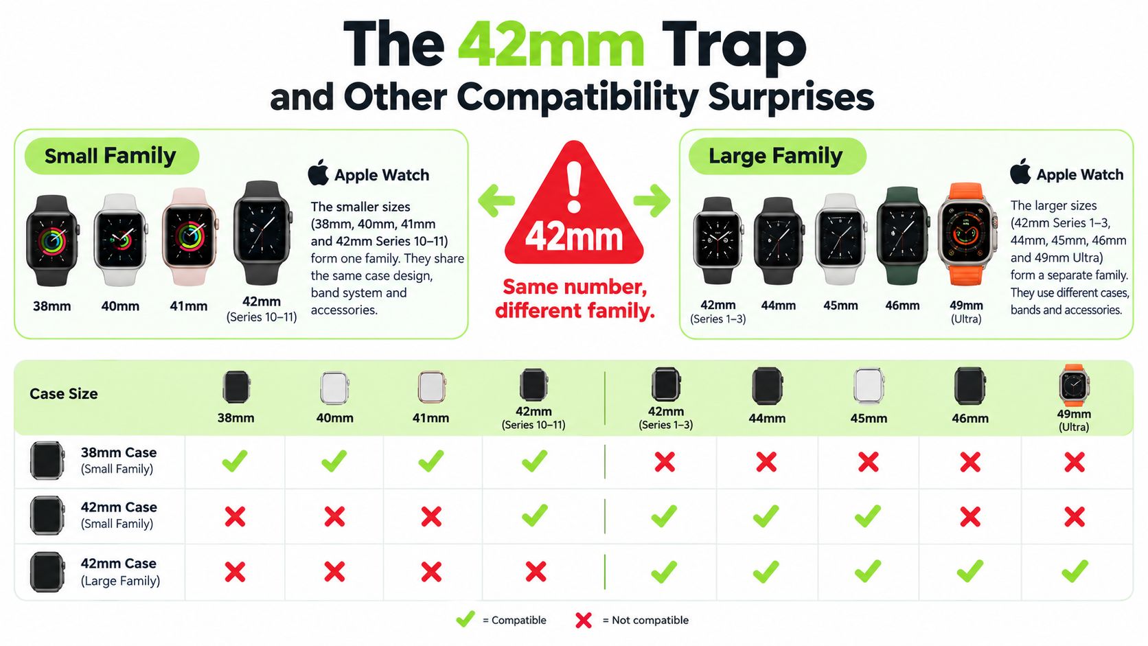 A chart illustrating Apple Watch case size compatibility, highlighting the distinction between small and large band families.
