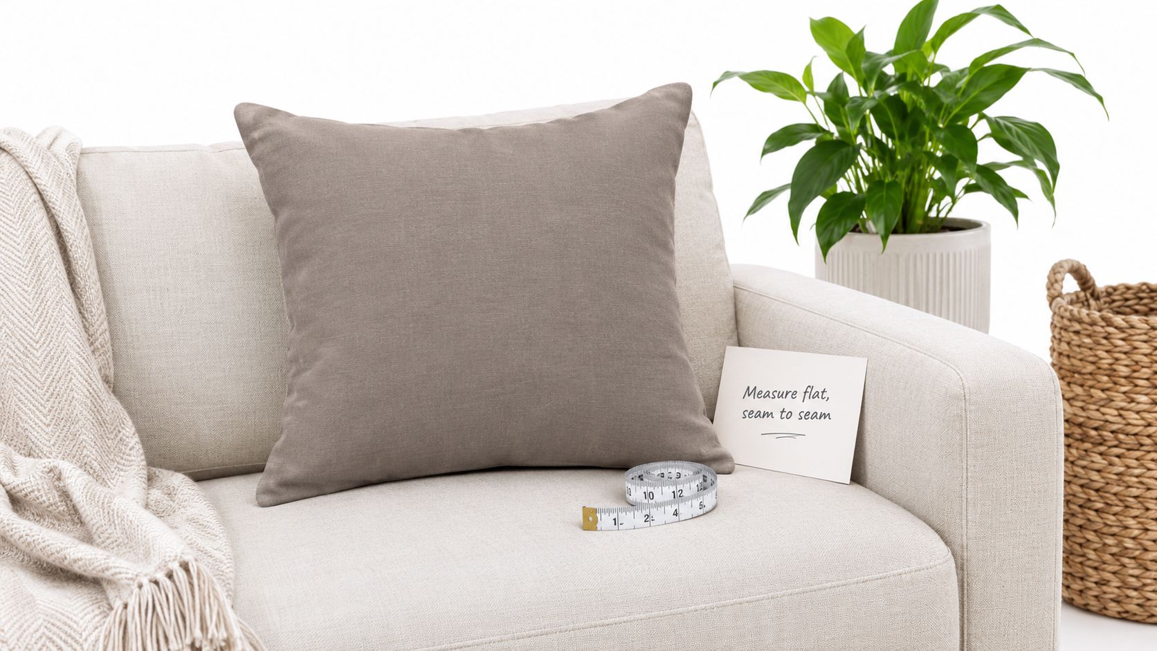 A neutral beige throw pillow sits on a light sofa with a measuring tape and instructions.
