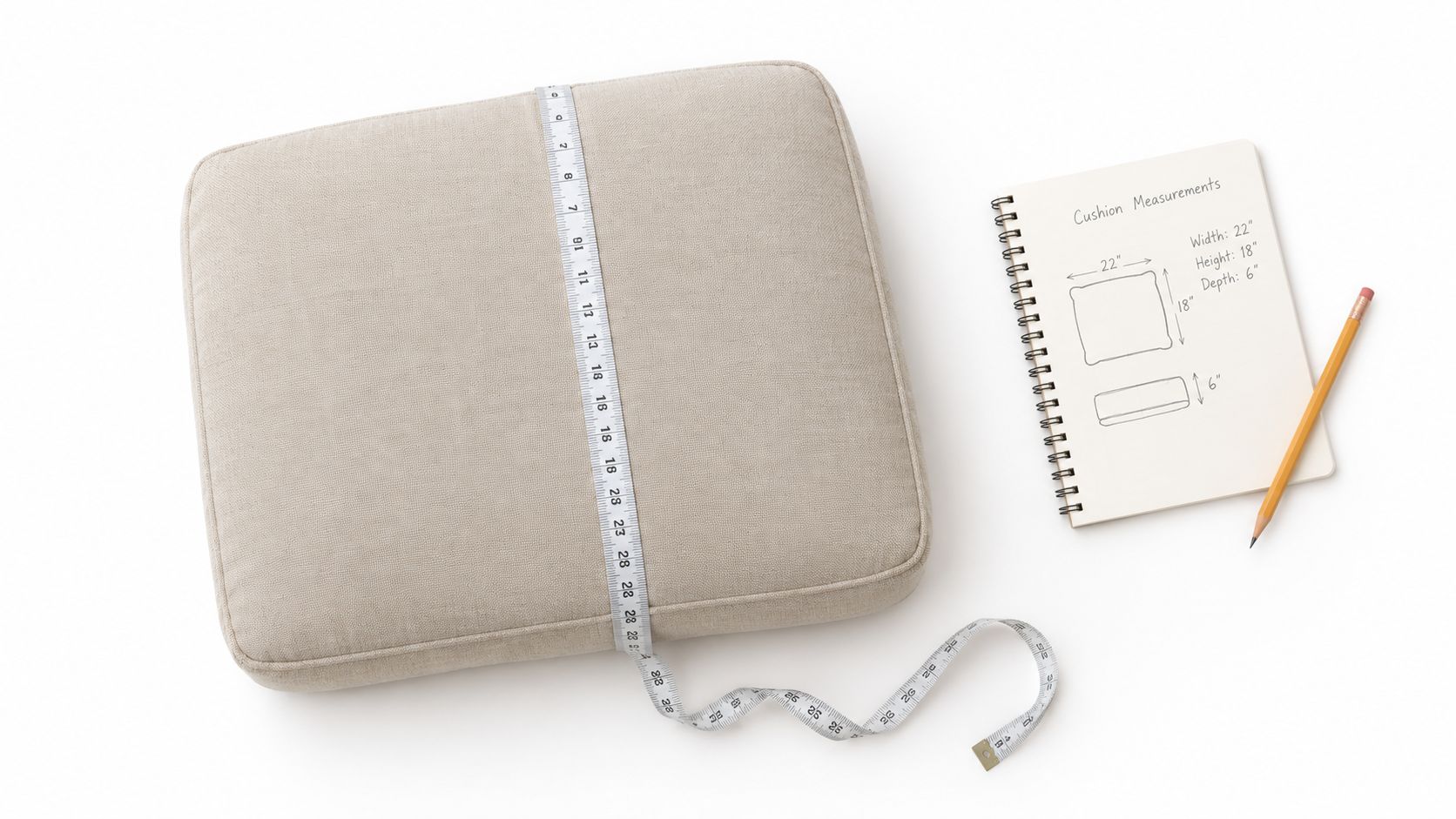 A beige sofa cushion with a measuring tape on top next to a notepad showing dimension measurements.