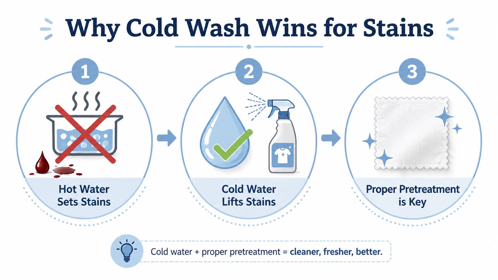 An infographic titled Why Cold Wash Wins for Stains, explaining that hot water sets stains while cold water with pretreatment cleans them.