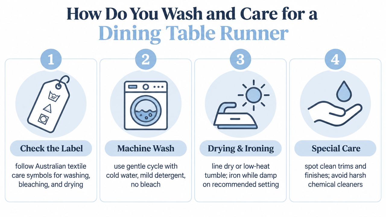 An infographic detailing four simple steps to wash and care for a dining table runner effectively.